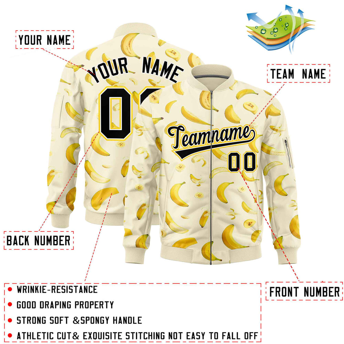 Custom Cream Varsity Full-Zip Banana Pattern Letterman Bomber Jacket | Graffiti Pattern | Embroidery&amp;Dye-sublimation printing | KXKSHOP