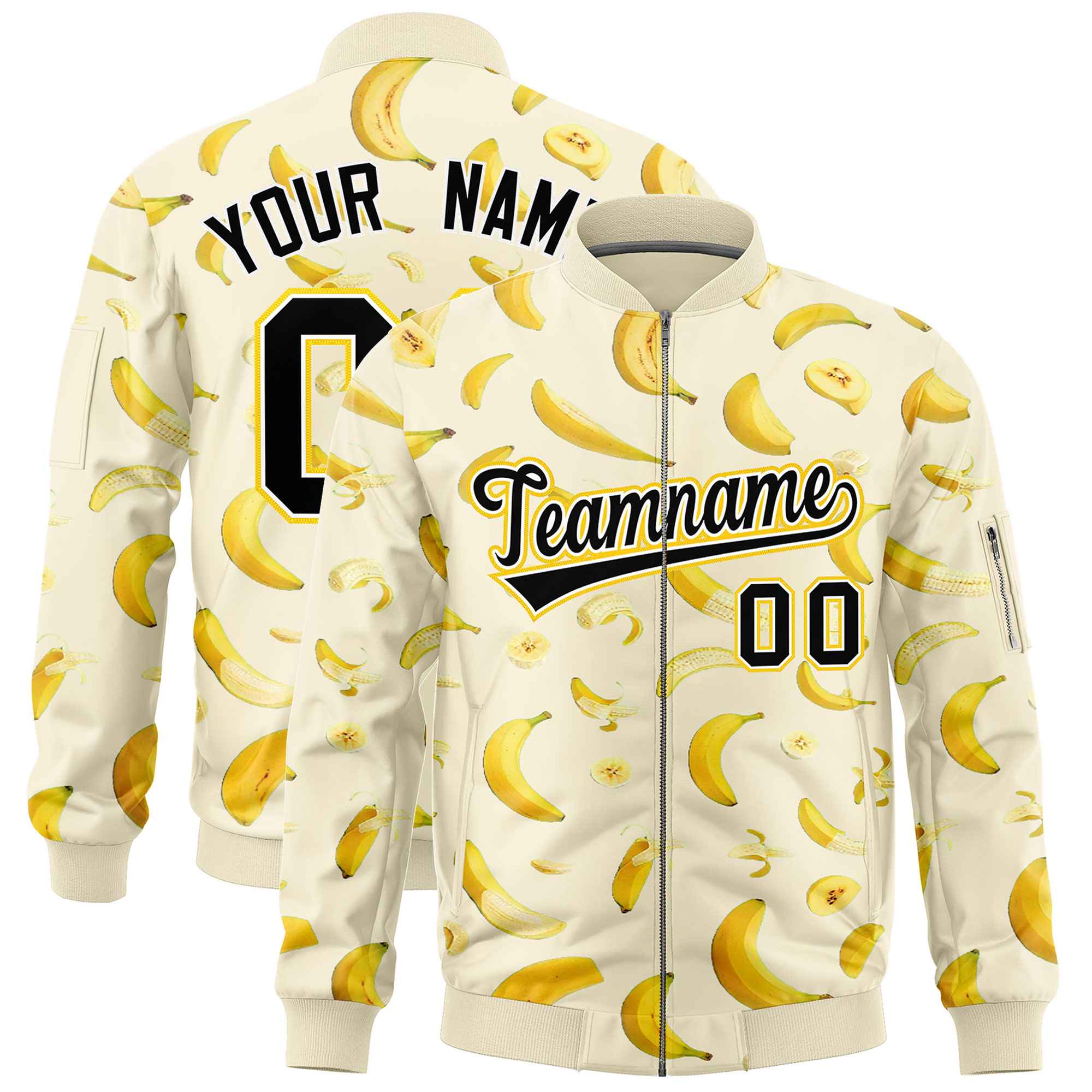 Custom Cream Varsity Full-Zip Banana Pattern Letterman Bomber Jacket | Graffiti Pattern | Embroidery&Dye-sublimation printing | KXKSHOP