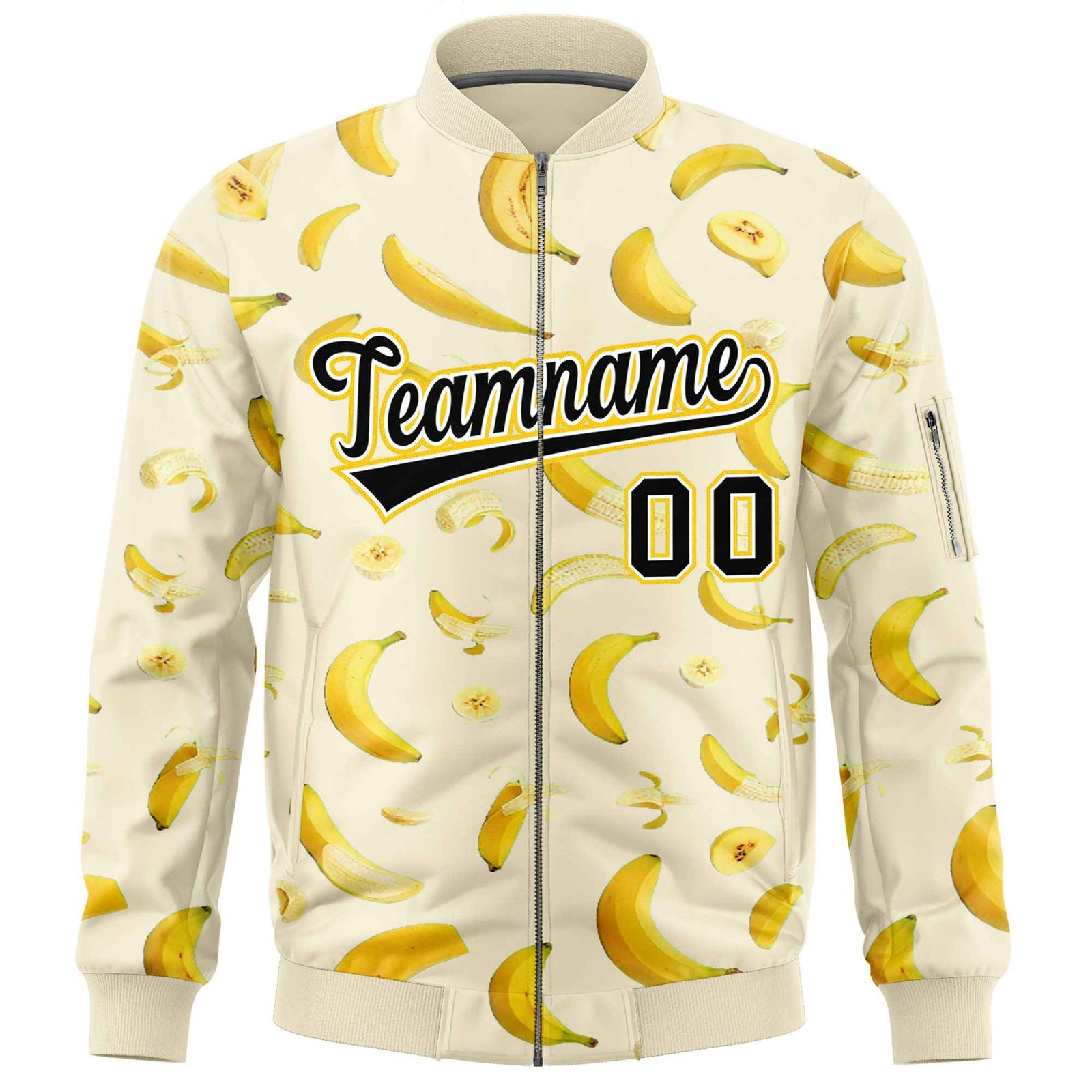 Custom Cream Varsity Full-Zip Banana Pattern Letterman Bomber Jacket | Graffiti Pattern | Embroidery&Dye-sublimation printing | KXKSHOP