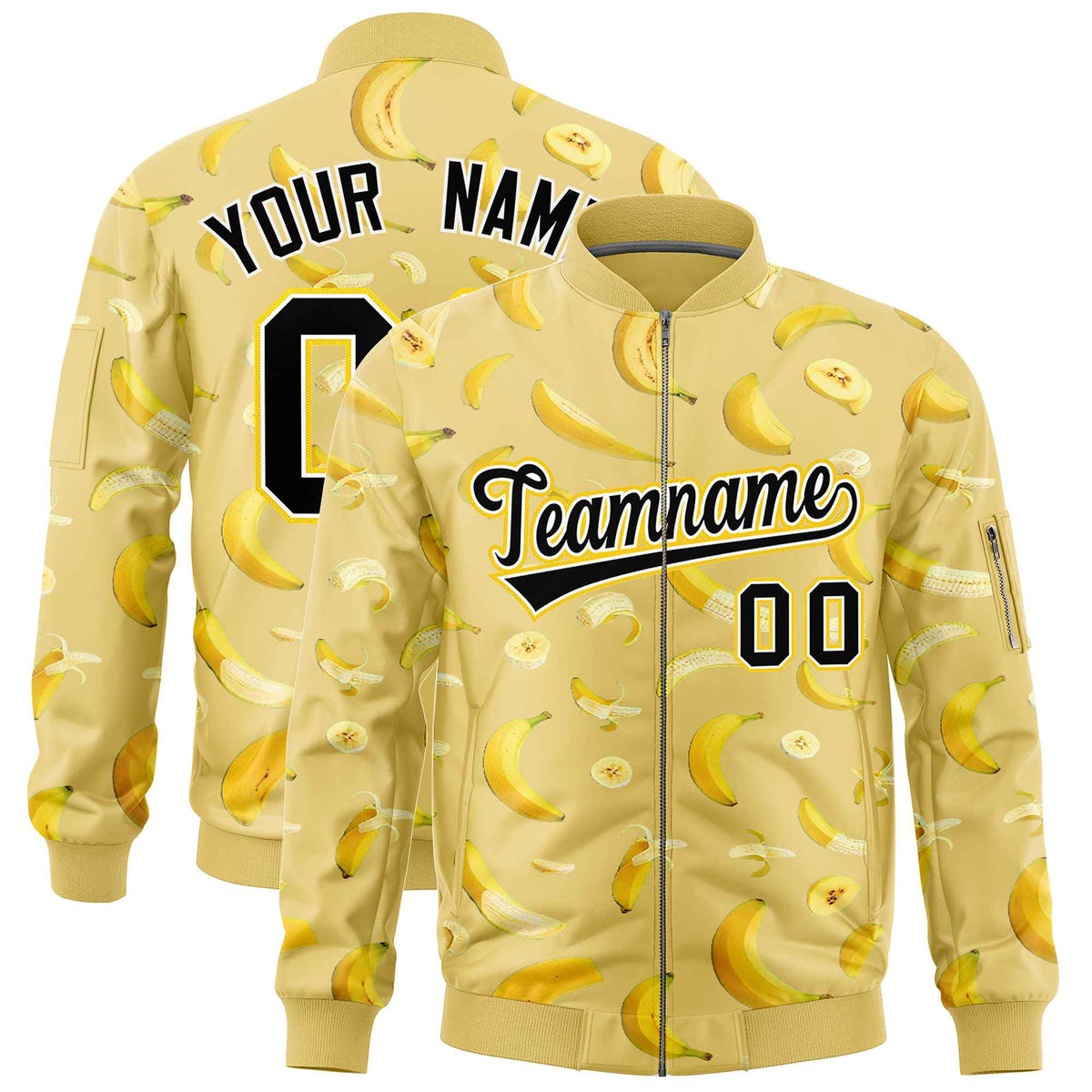 Custom Old Gold Varsity Full-Zip Banana Pattern Letterman Bomber Jacket | Graffiti Pattern | Embroidery&amp;Dye-sublimation printing | KXKSHOP