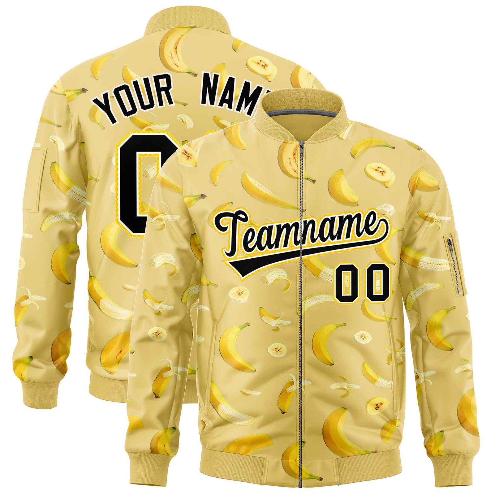 Custom Old Gold Varsity Full-Zip Banana Pattern Letterman Bomber Jacket | Graffiti Pattern | Embroidery&Dye-sublimation printing | KXKSHOP