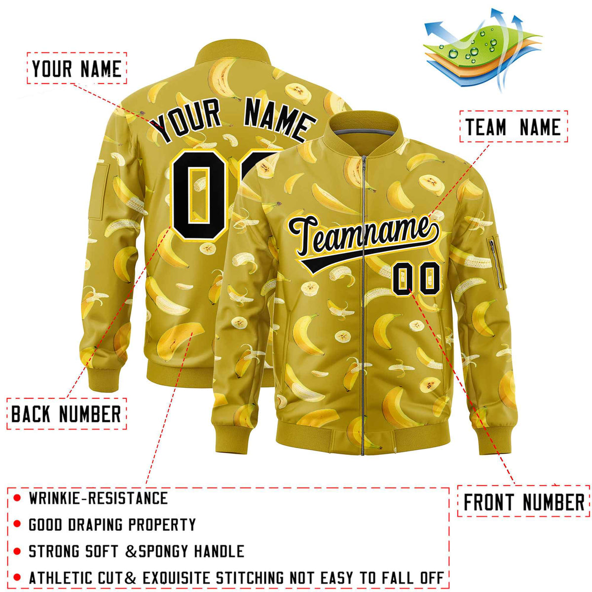Custom Old Gold Varsity Full-Zip Banana Pattern Letterman Bomber Jacket | Graffiti Pattern | Embroidery&amp;Dye-sublimation printing | KXKSHOP