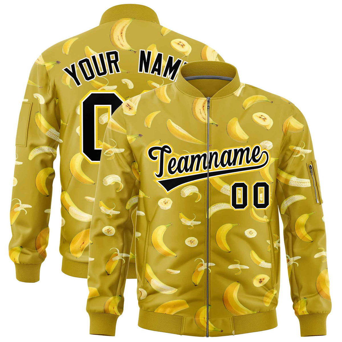 Custom Old Gold Varsity Full-Zip Banana Pattern Letterman Bomber Jacket | Graffiti Pattern | Embroidery&amp;Dye-sublimation printing | KXKSHOP