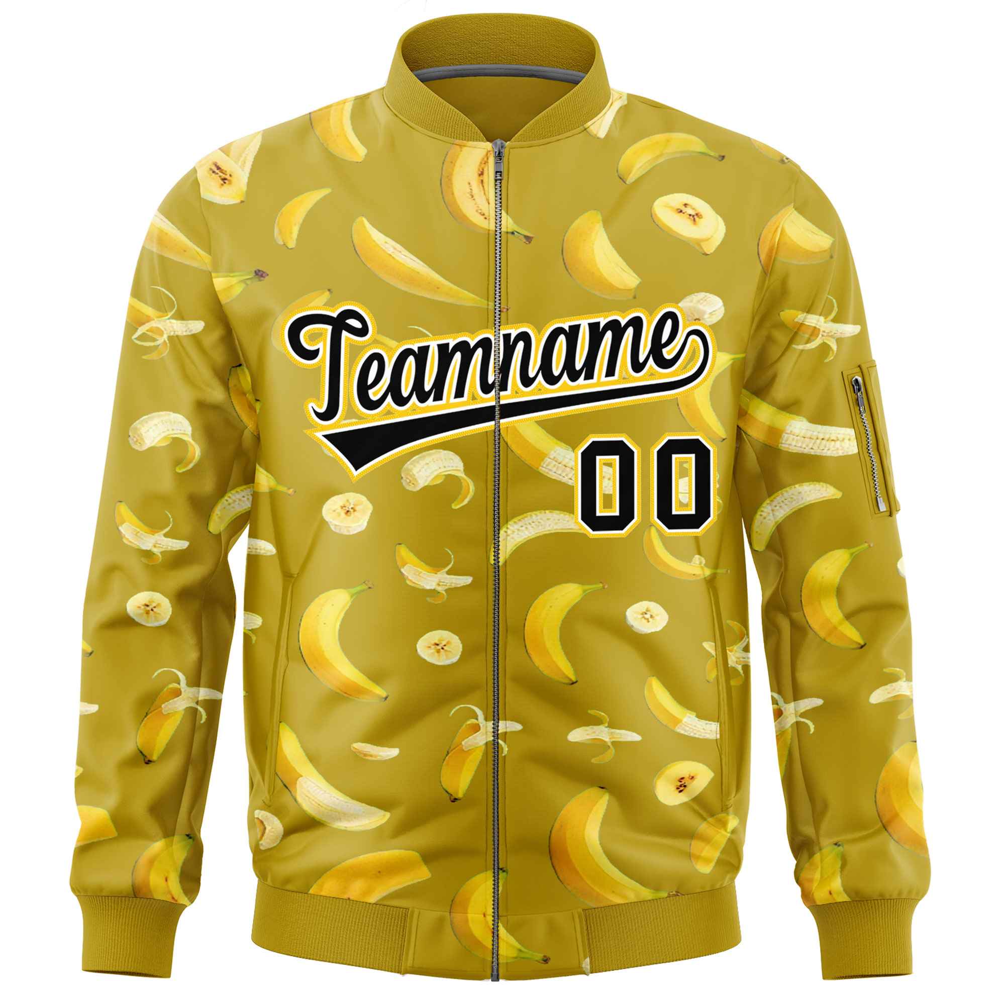 Custom Old Gold Varsity Full-Zip Banana Pattern Letterman Bomber Jacket | Graffiti Pattern | Embroidery&Dye-sublimation printing | KXKSHOP