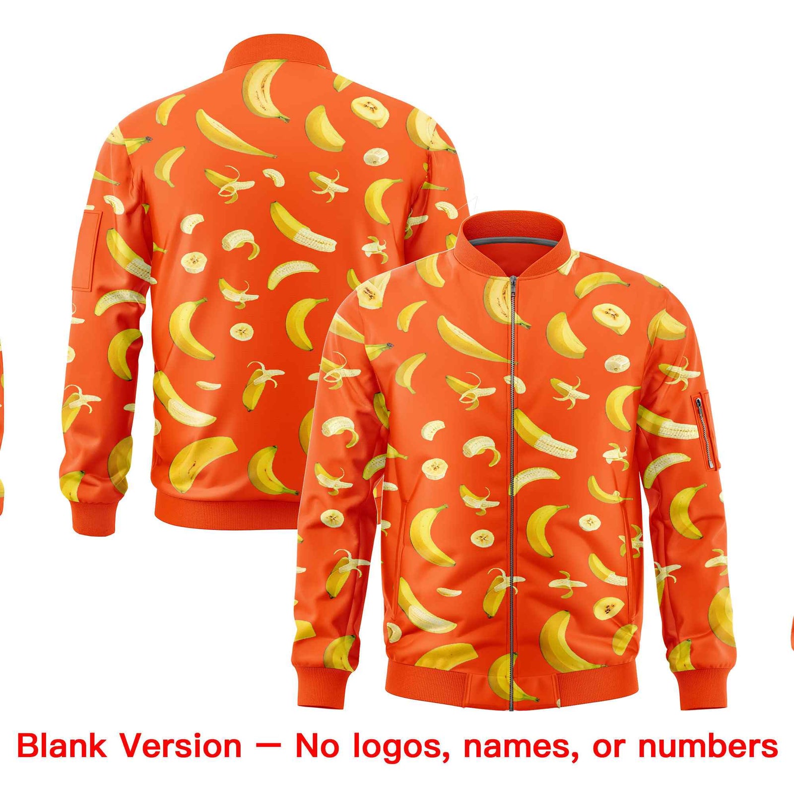 Custom Orange Varsity Full-Zip Banana Pattern Letterman Bomber Jacket | Graffiti Pattern | Embroidery&Dye-sublimation printing | KXKSHOP