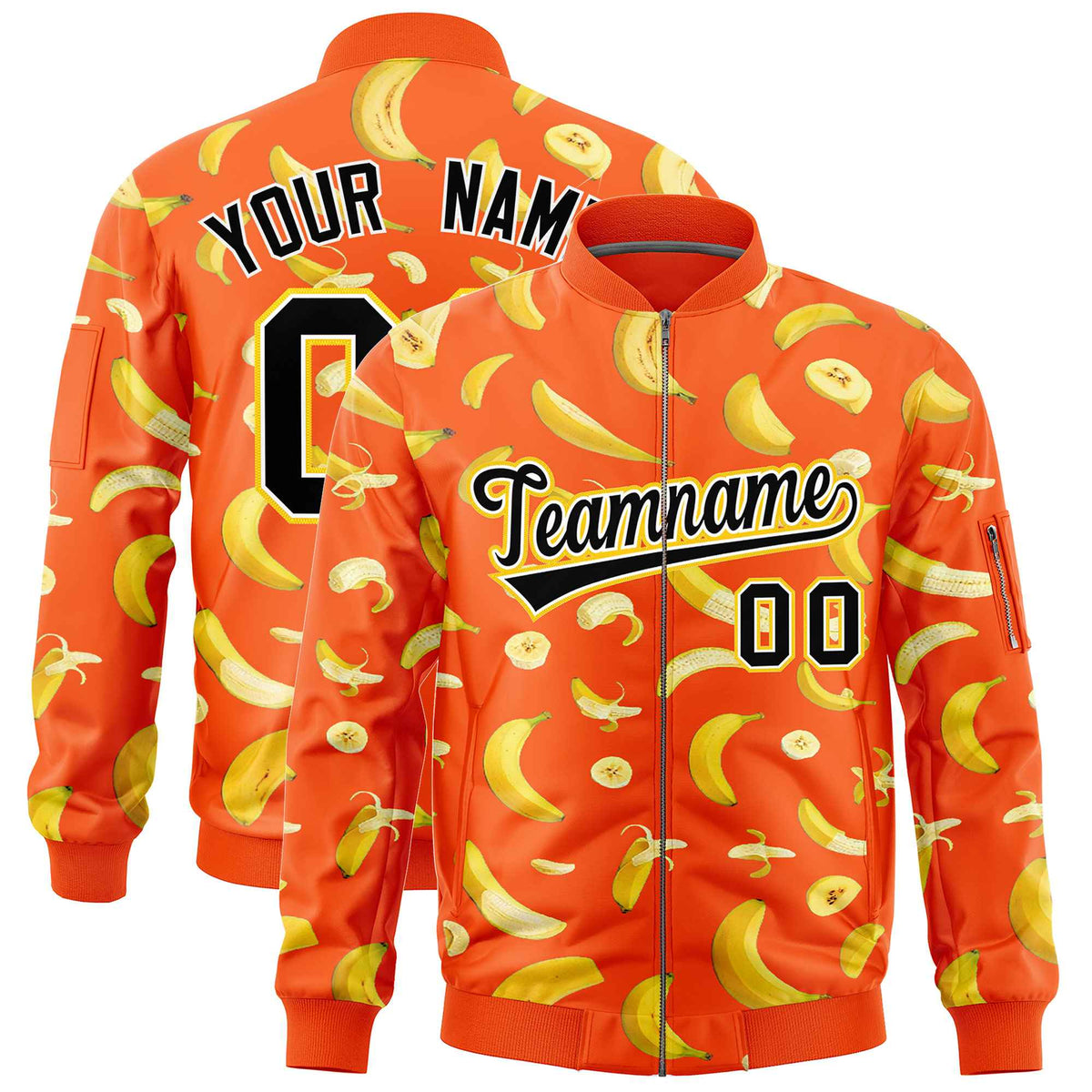 Custom Orange Varsity Full-Zip Banana Pattern Letterman Bomber Jacket | Graffiti Pattern | Embroidery&amp;Dye-sublimation printing | KXKSHOP