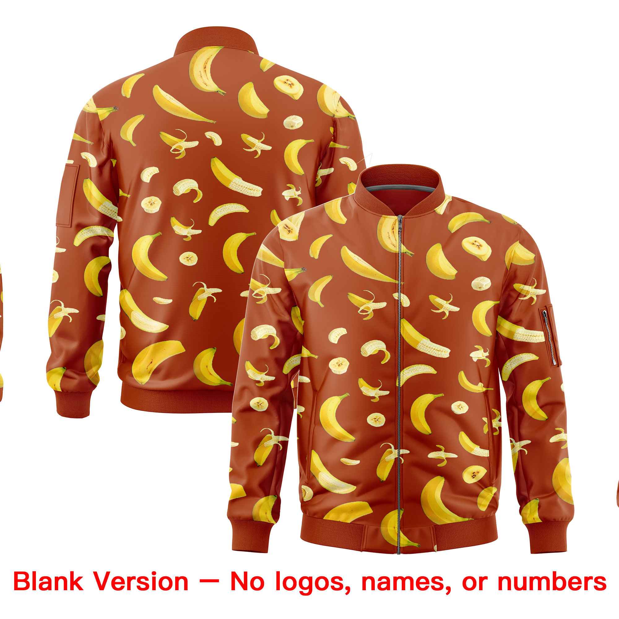 Custom Dark Orange Varsity Full-Zip Banana Pattern Letterman Bomber Jacket | Graffiti Pattern | Embroidery&Dye-sublimation printing | KXKSHOP