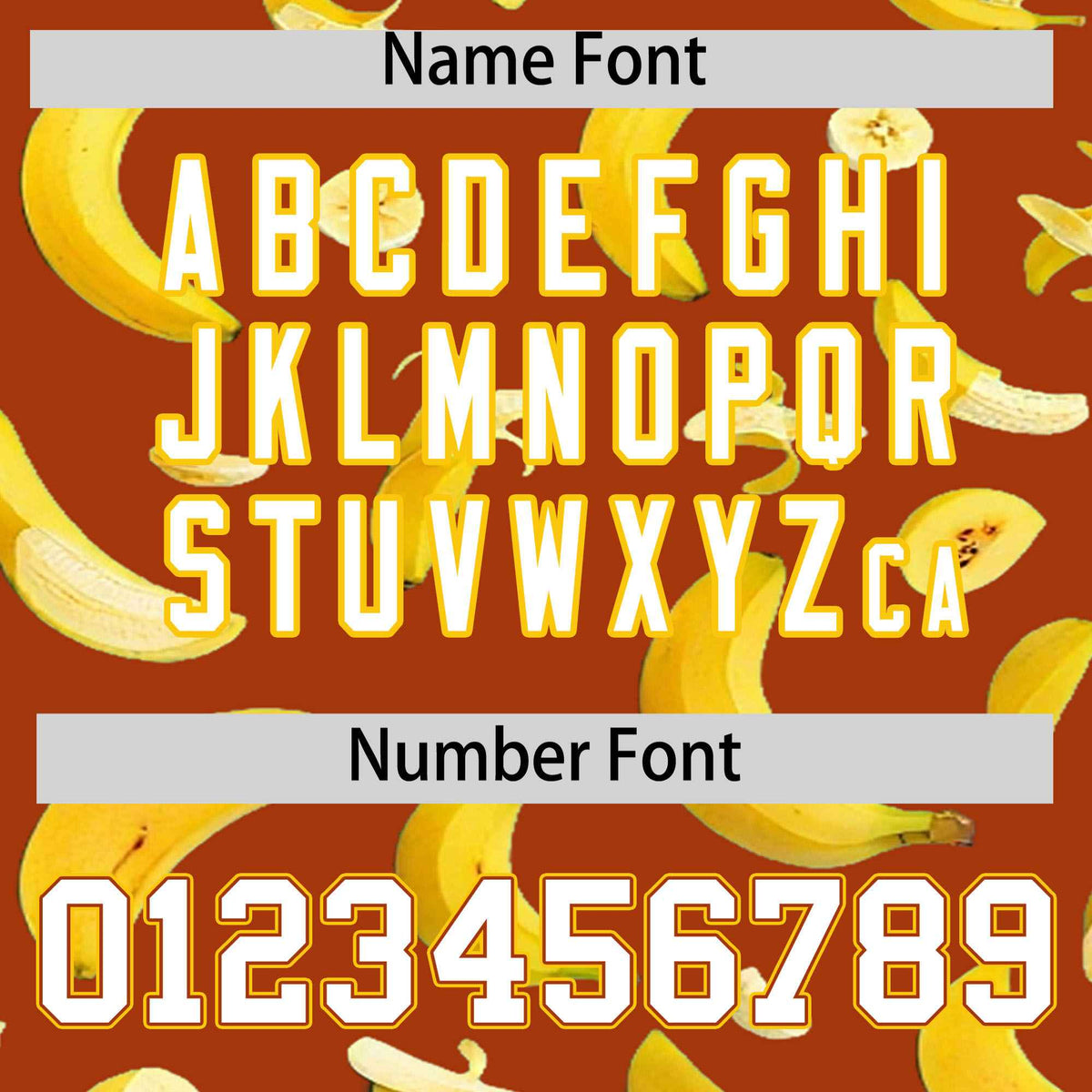 Custom Dark Orange Varsity Full-Zip Banana Pattern Letterman Bomber Jacket | Graffiti Pattern | Embroidery&amp;Dye-sublimation printing | KXKSHOP