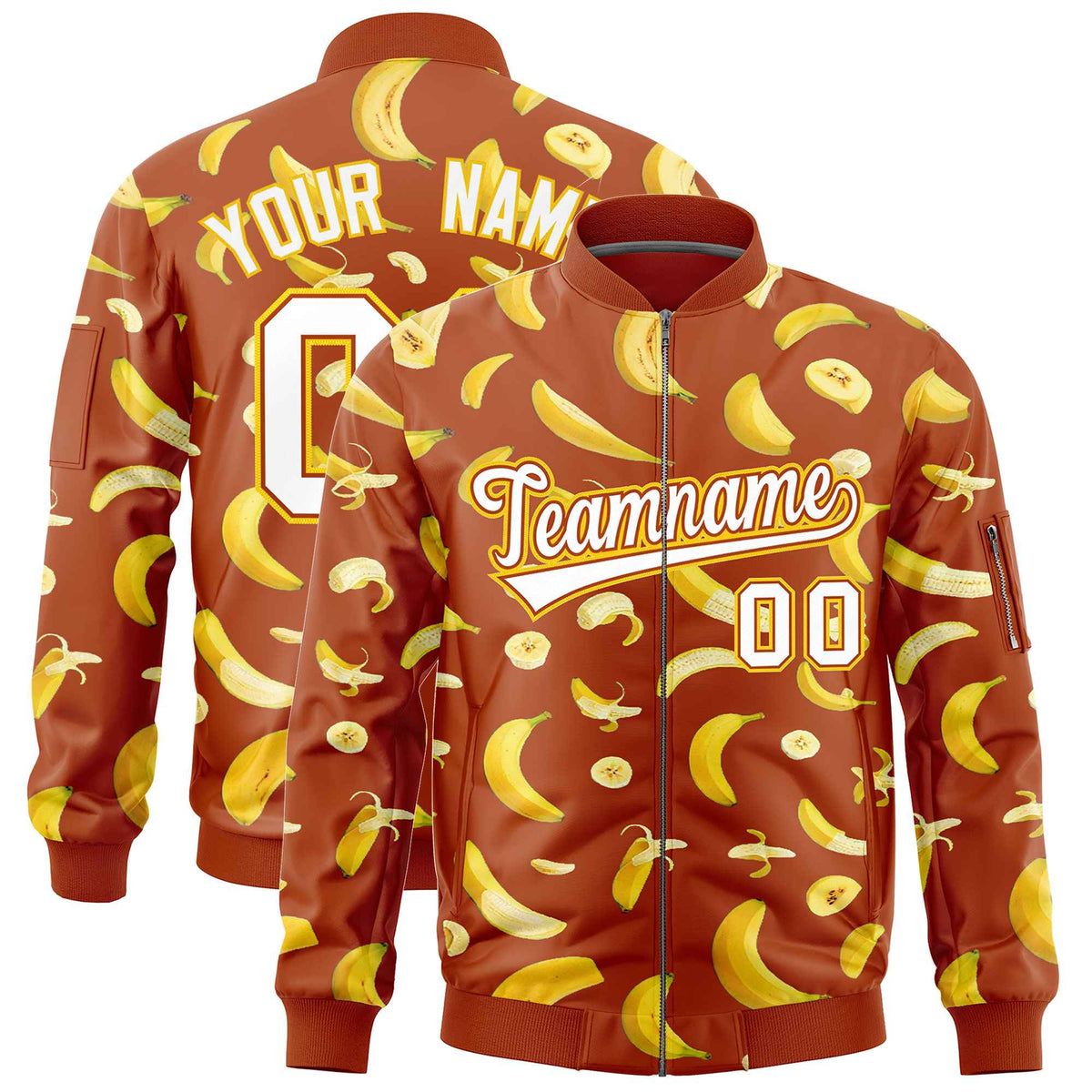 Custom Dark Orange Varsity Full-Zip Banana Pattern Letterman Bomber Jacket | Graffiti Pattern | Embroidery&amp;Dye-sublimation printing | KXKSHOP