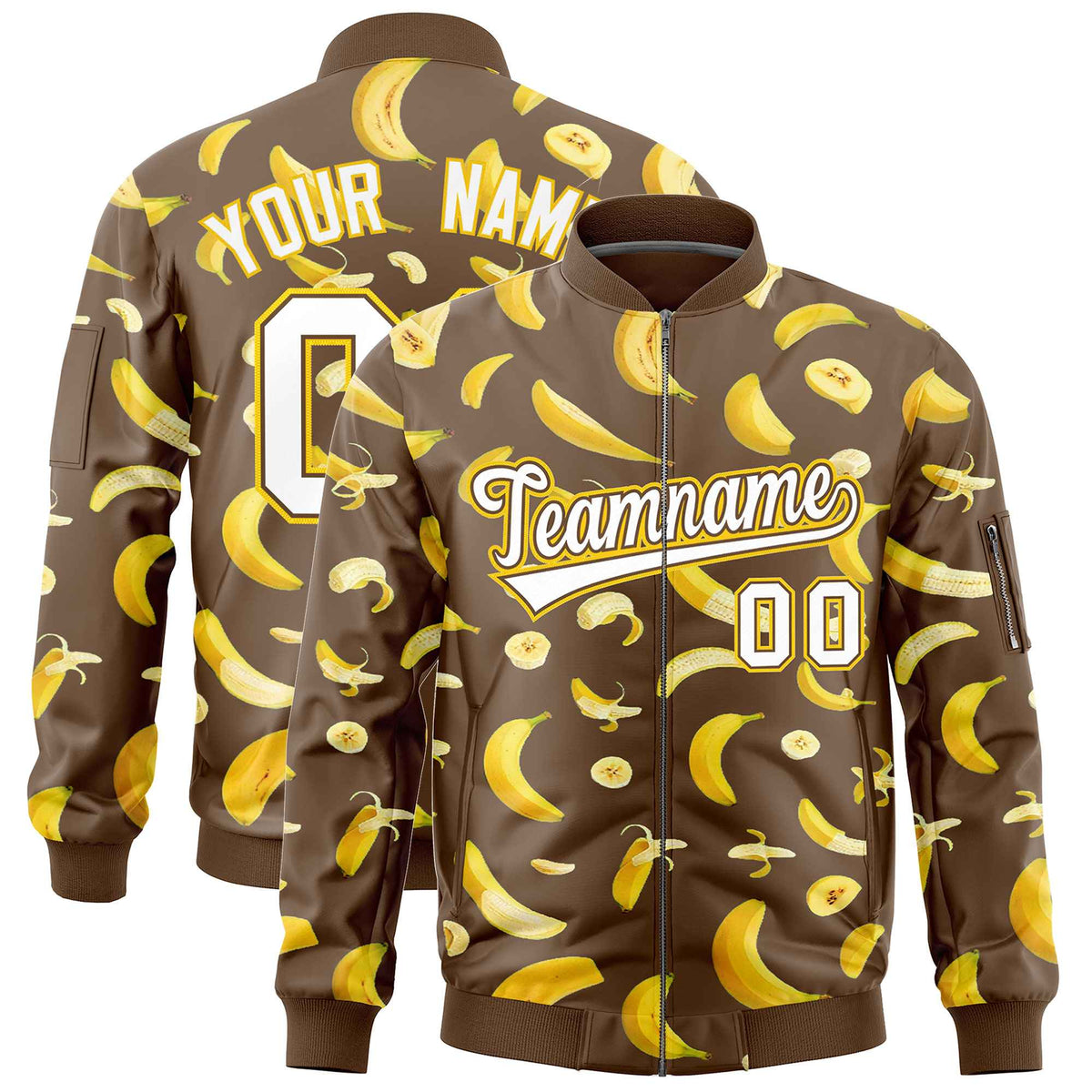 Custom Light Brown Varsity Full-Zip Banana Pattern Letterman Bomber Jacket | Graffiti Pattern | Embroidery&amp;Dye-sublimation printing | KXKSHOP