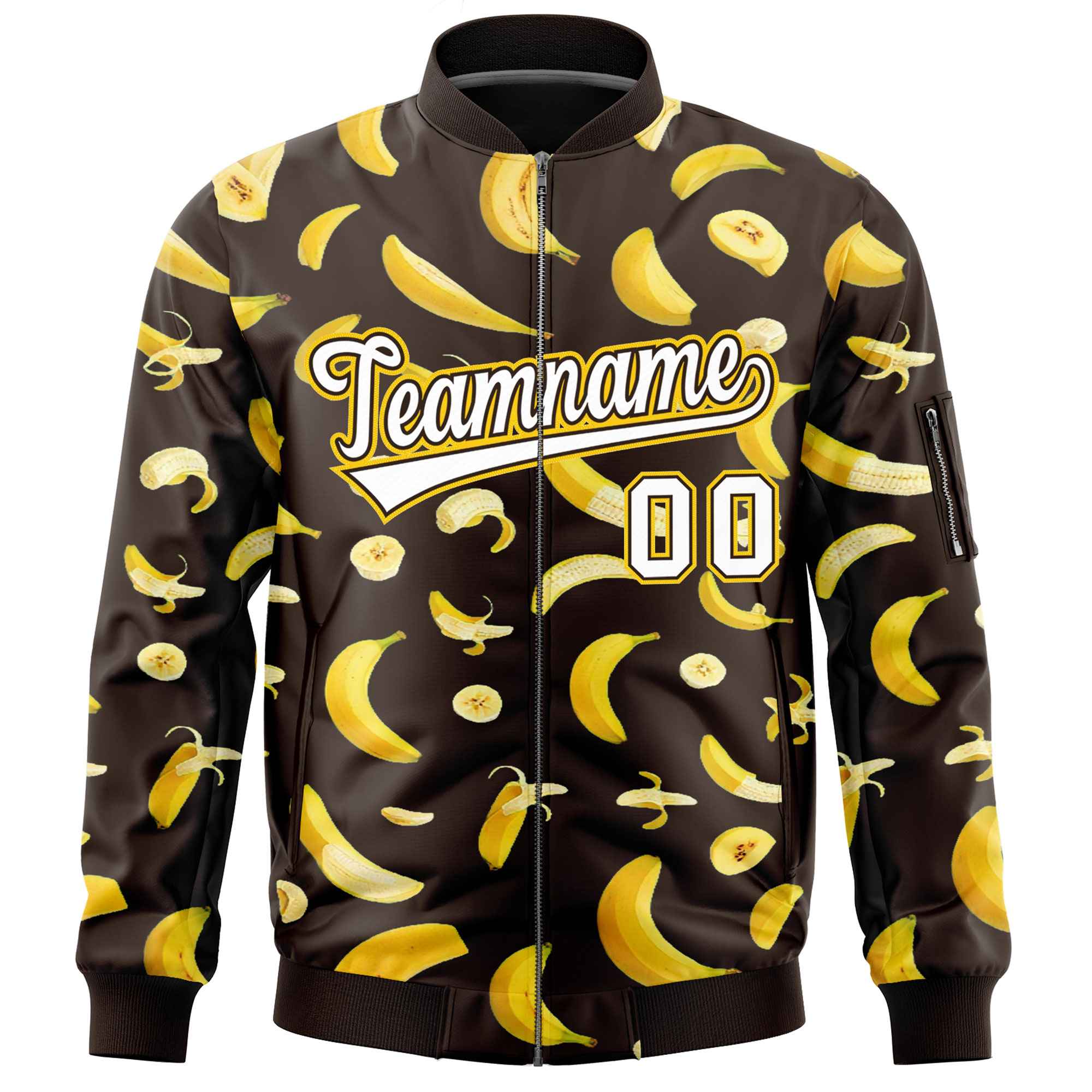 Custom Brown Varsity Full-Zip Banana Pattern Letterman Bomber Jacket | Graffiti Pattern | Embroidery&Dye-sublimation printing | KXKSHOP