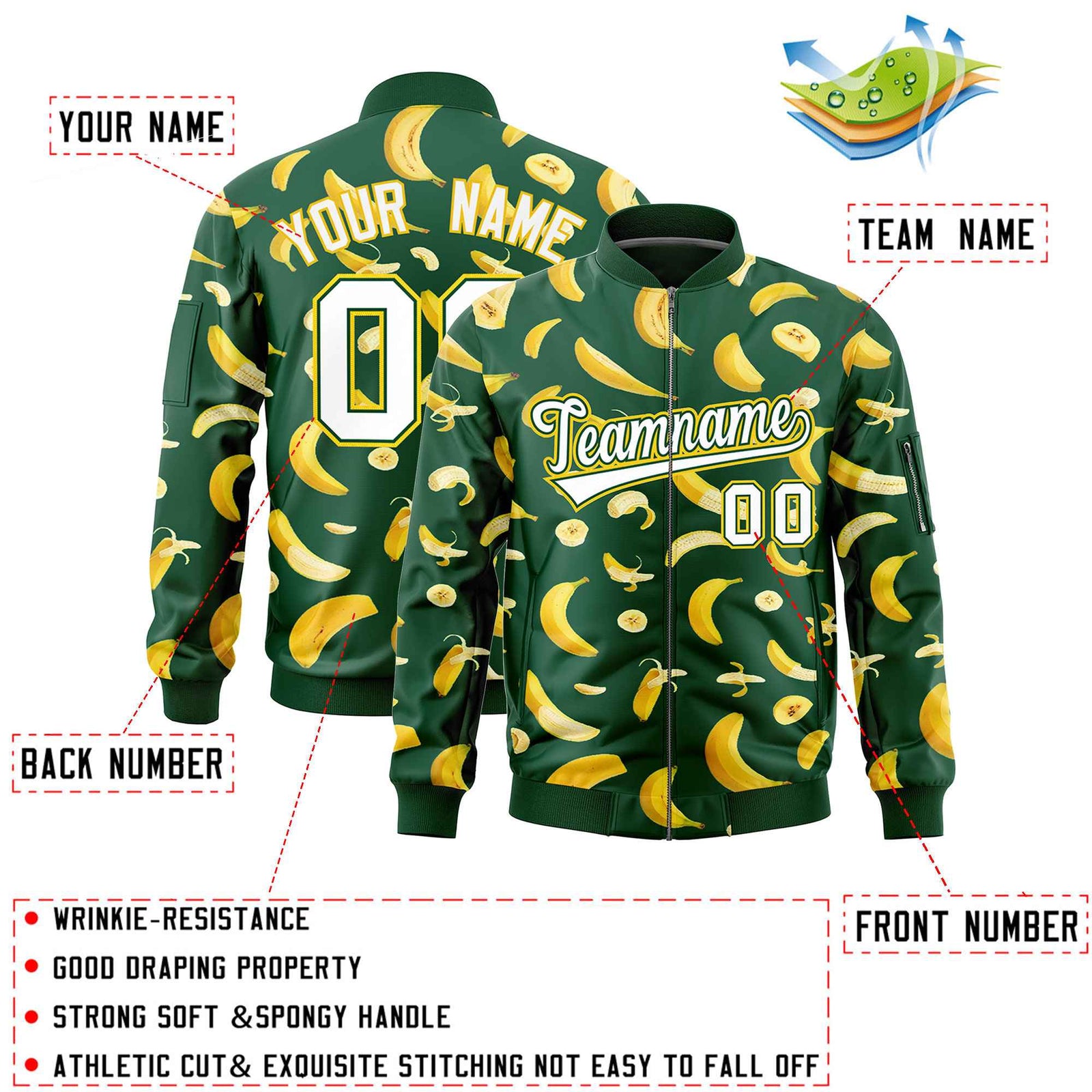 Custom Green Varsity Full-Zip Banana Pattern Letterman Bomber Jacket | Graffiti Pattern | Embroidery&Dye-sublimation printing | KXKSHOP