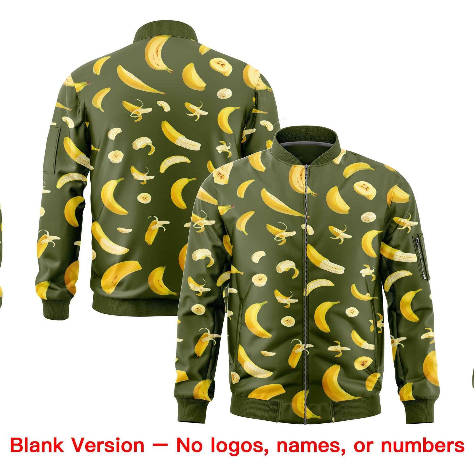 Custom Olive Varsity Full-Zip Banana Pattern Letterman Bomber Jacket | Graffiti Pattern | Embroidery&Dye-sublimation printing | KXKSHOP