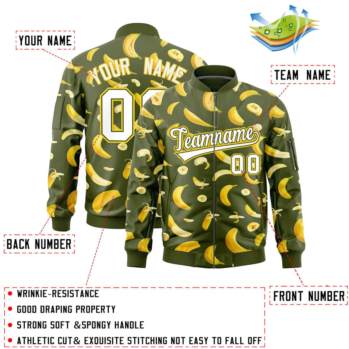 Custom Olive Varsity Full-Zip Banana Pattern Letterman Bomber Jacket | Graffiti Pattern | Embroidery&amp;Dye-sublimation printing | KXKSHOP