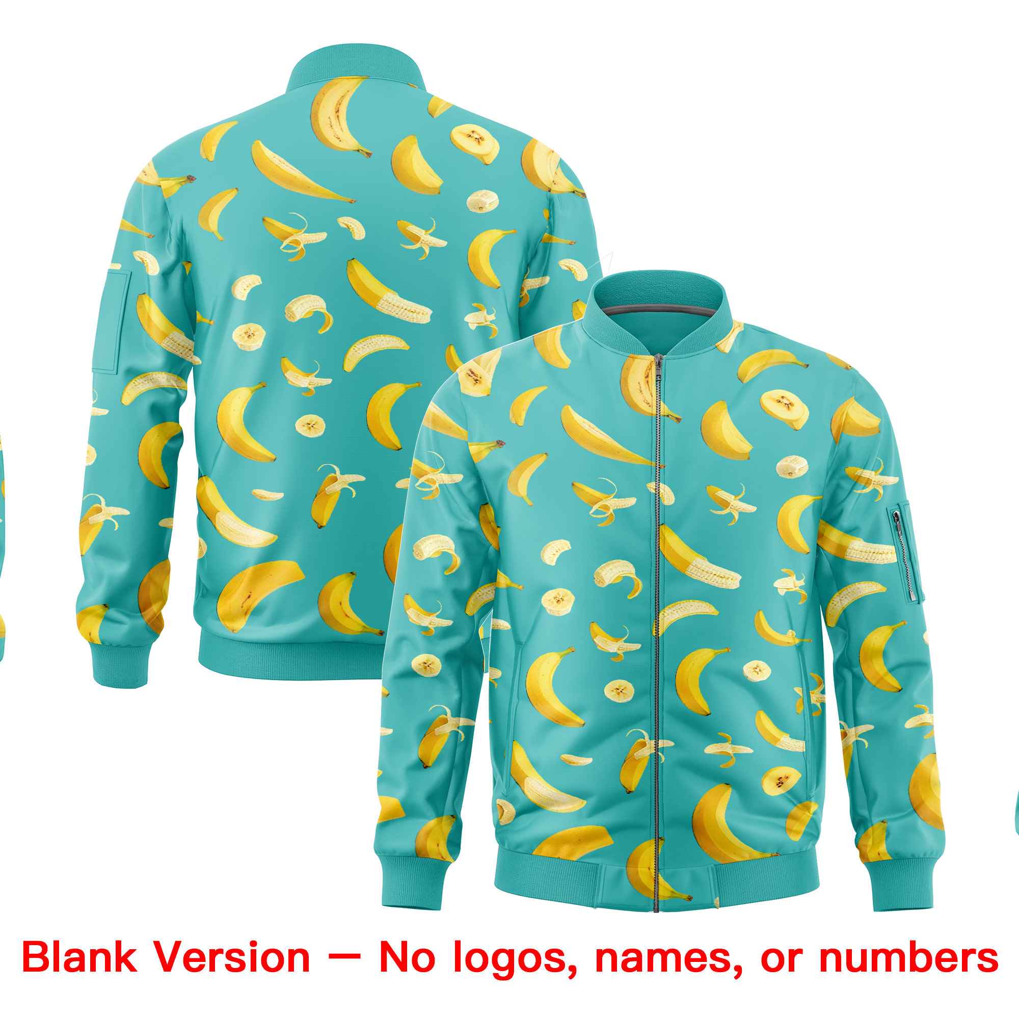 Custom Teal Varsity Full-Zip Banana Pattern Letterman Bomber Jacket | Graffiti Pattern | Embroidery&Dye-sublimation printing | KXKSHOP
