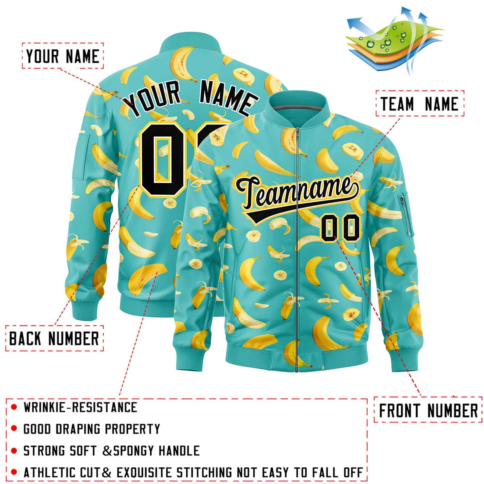 Custom Teal Varsity Full-Zip Banana Pattern Letterman Bomber Jacket | Graffiti Pattern | Embroidery&Dye-sublimation printing | KXKSHOP