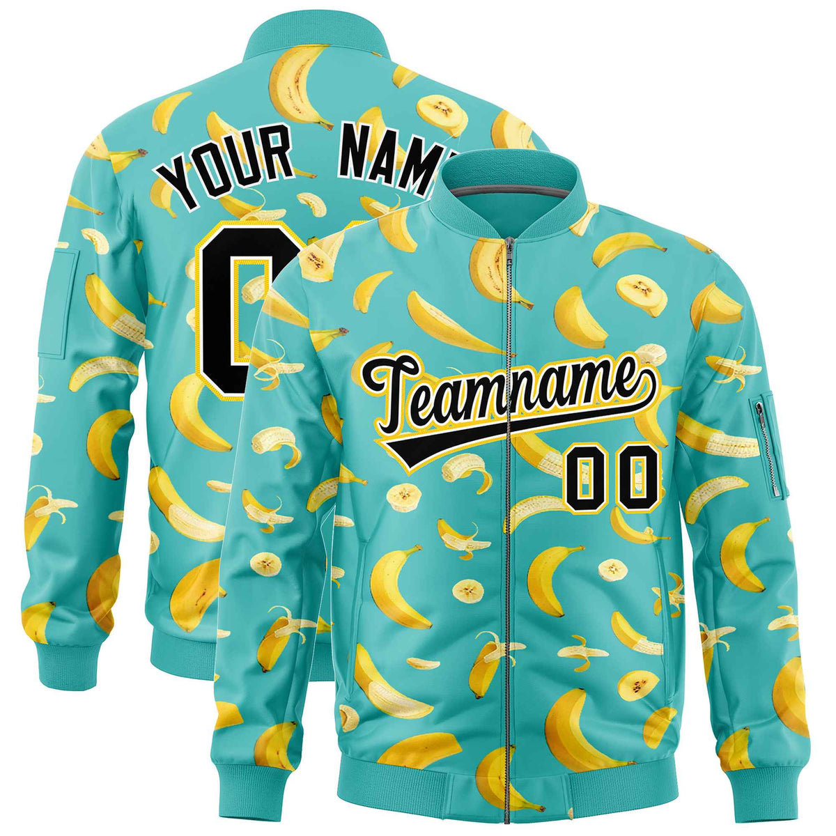 Custom Teal Varsity Full-Zip Banana Pattern Letterman Bomber Jacket | Graffiti Pattern | Embroidery&amp;Dye-sublimation printing | KXKSHOP