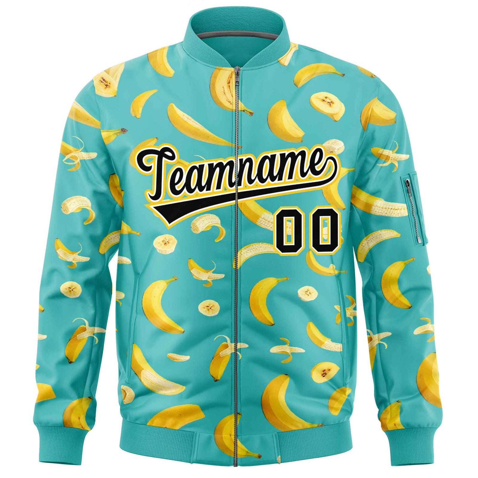 Custom Teal Varsity Full-Zip Banana Pattern Letterman Bomber Jacket | Graffiti Pattern | Embroidery&Dye-sublimation printing | KXKSHOP
