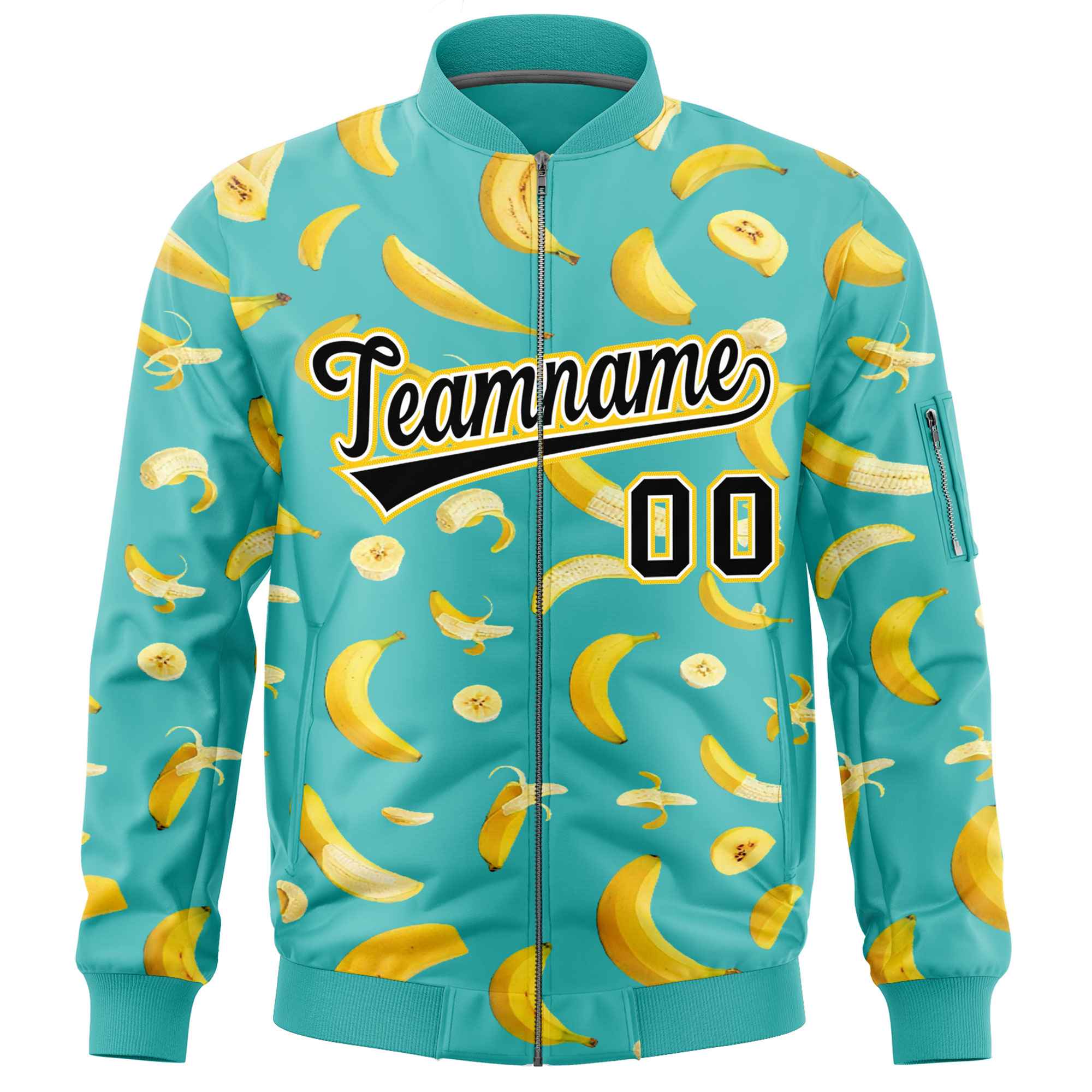 Custom Teal Varsity Full-Zip Banana Pattern Letterman Bomber Jacket | Graffiti Pattern | Embroidery&Dye-sublimation printing | KXKSHOP