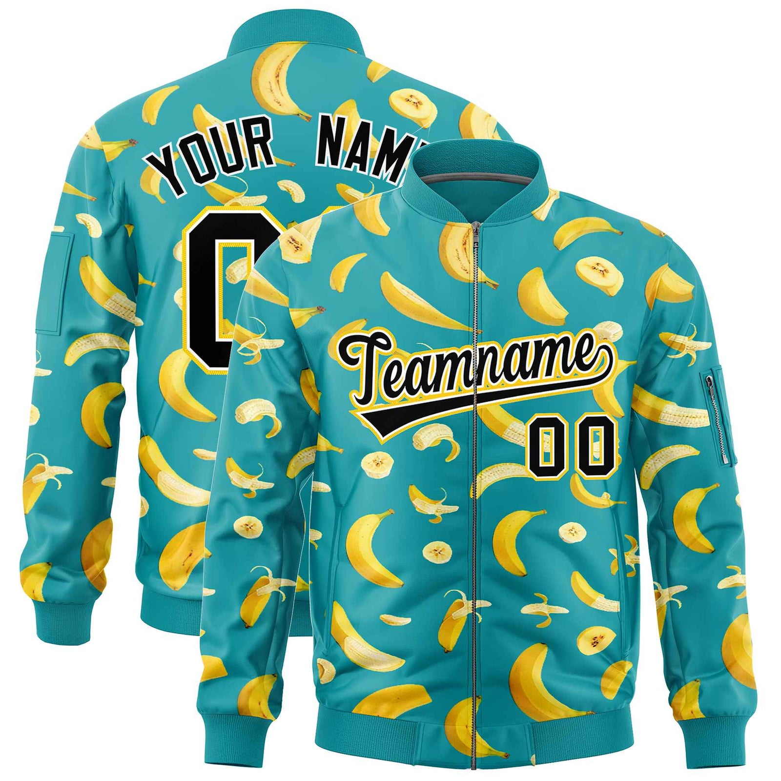Custom Aqua Varsity Full-Zip Banana Pattern Letterman Bomber Jacket | Graffiti Pattern | Embroidery&Dye-sublimation printing | KXKSHOP