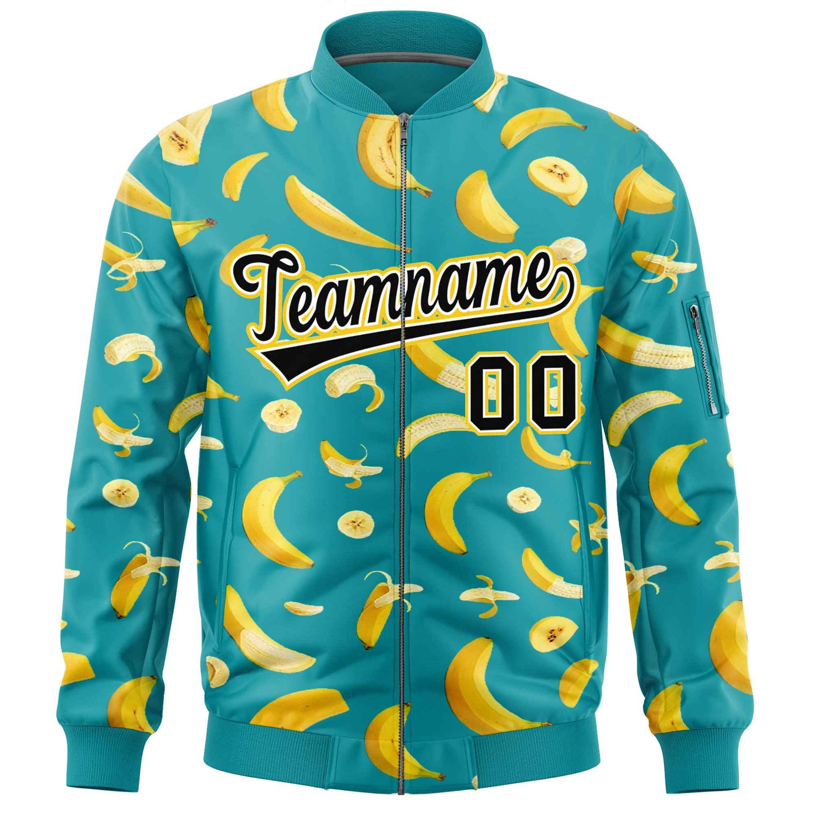 Custom Aqua Varsity Full-Zip Banana Pattern Letterman Bomber Jacket | Graffiti Pattern | Embroidery&Dye-sublimation printing | KXKSHOP