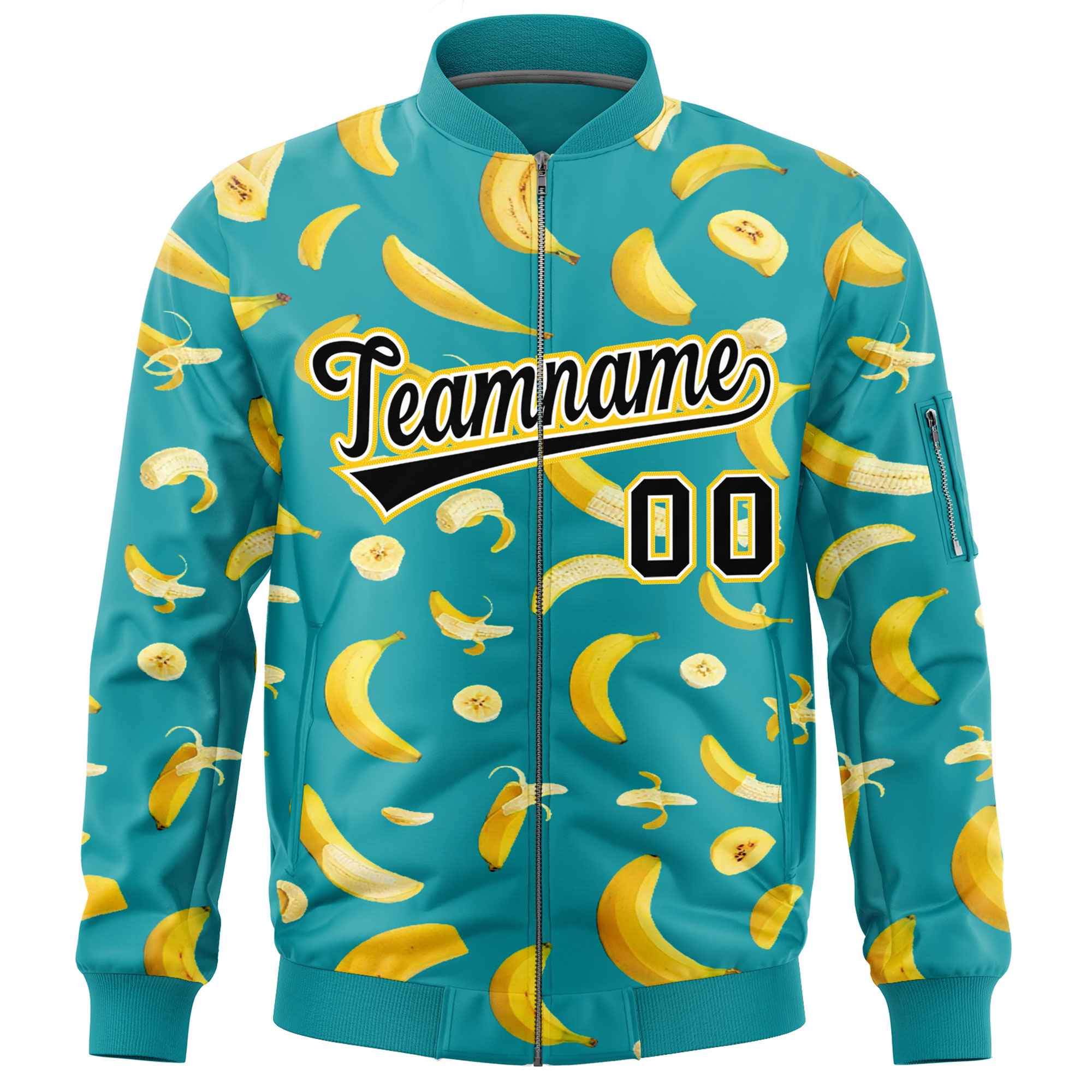 Custom Aqua Varsity Full-Zip Banana Pattern Letterman Bomber Jacket | Graffiti Pattern | Embroidery&Dye-sublimation printing | KXKSHOP