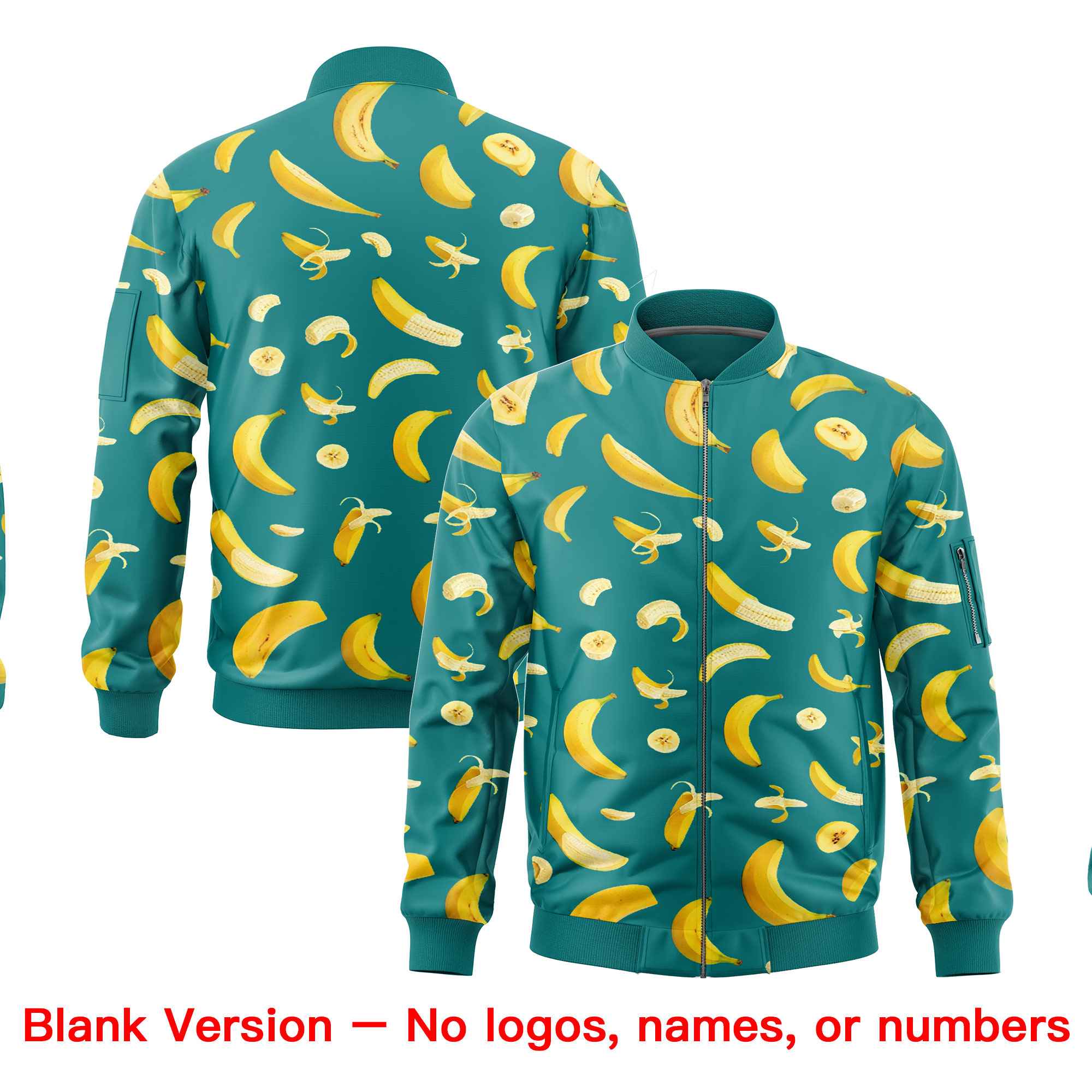 Custom Teal Varsity Full-Zip Banana Pattern Letterman Bomber Jacket | Graffiti Pattern | Embroidery&Dye-sublimation printing | KXKSHOP