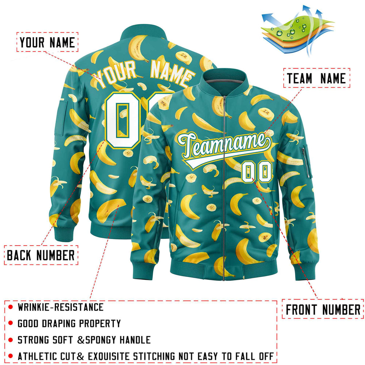 Custom Teal Varsity Full-Zip Banana Pattern Letterman Bomber Jacket | Graffiti Pattern | Embroidery&amp;Dye-sublimation printing | KXKSHOP