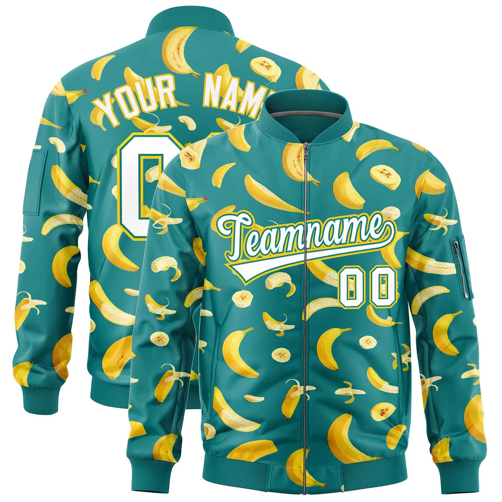 Custom Teal Varsity Full-Zip Banana Pattern Letterman Bomber Jacket | Graffiti Pattern | Embroidery&Dye-sublimation printing | KXKSHOP