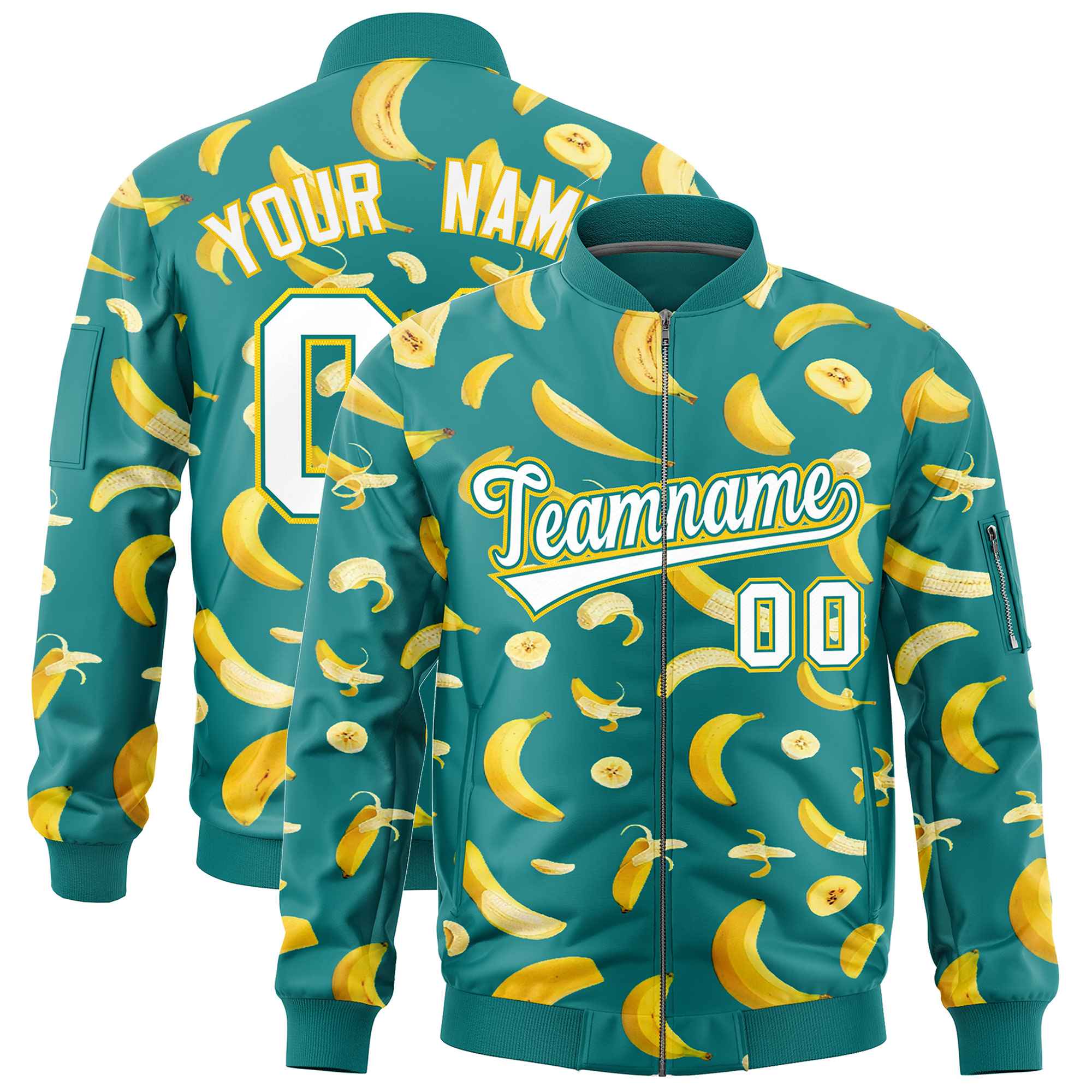 Custom Teal Varsity Full-Zip Banana Pattern Letterman Bomber Jacket | Graffiti Pattern | Embroidery&Dye-sublimation printing | KXKSHOP