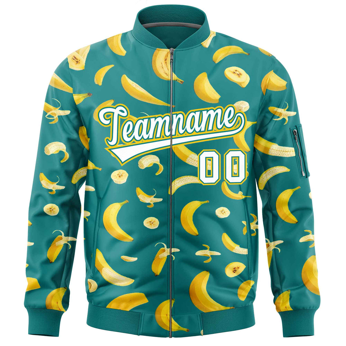 Custom Teal Varsity Full-Zip Banana Pattern Letterman Bomber Jacket | Graffiti Pattern | Embroidery&amp;Dye-sublimation printing | KXKSHOP