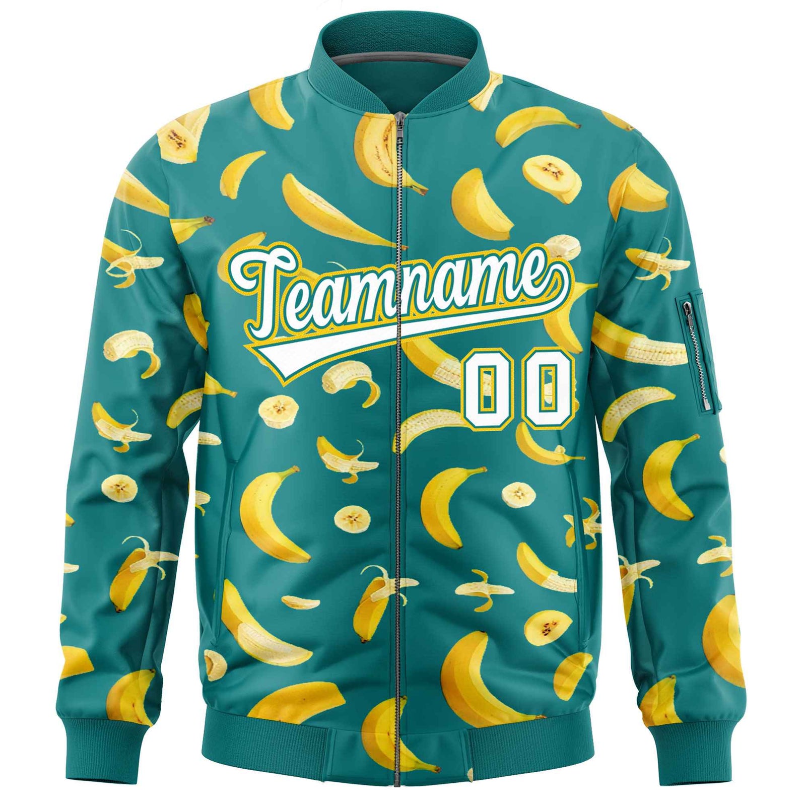 Custom Teal Varsity Full-Zip Banana Pattern Letterman Bomber Jacket | Graffiti Pattern | Embroidery&Dye-sublimation printing | KXKSHOP