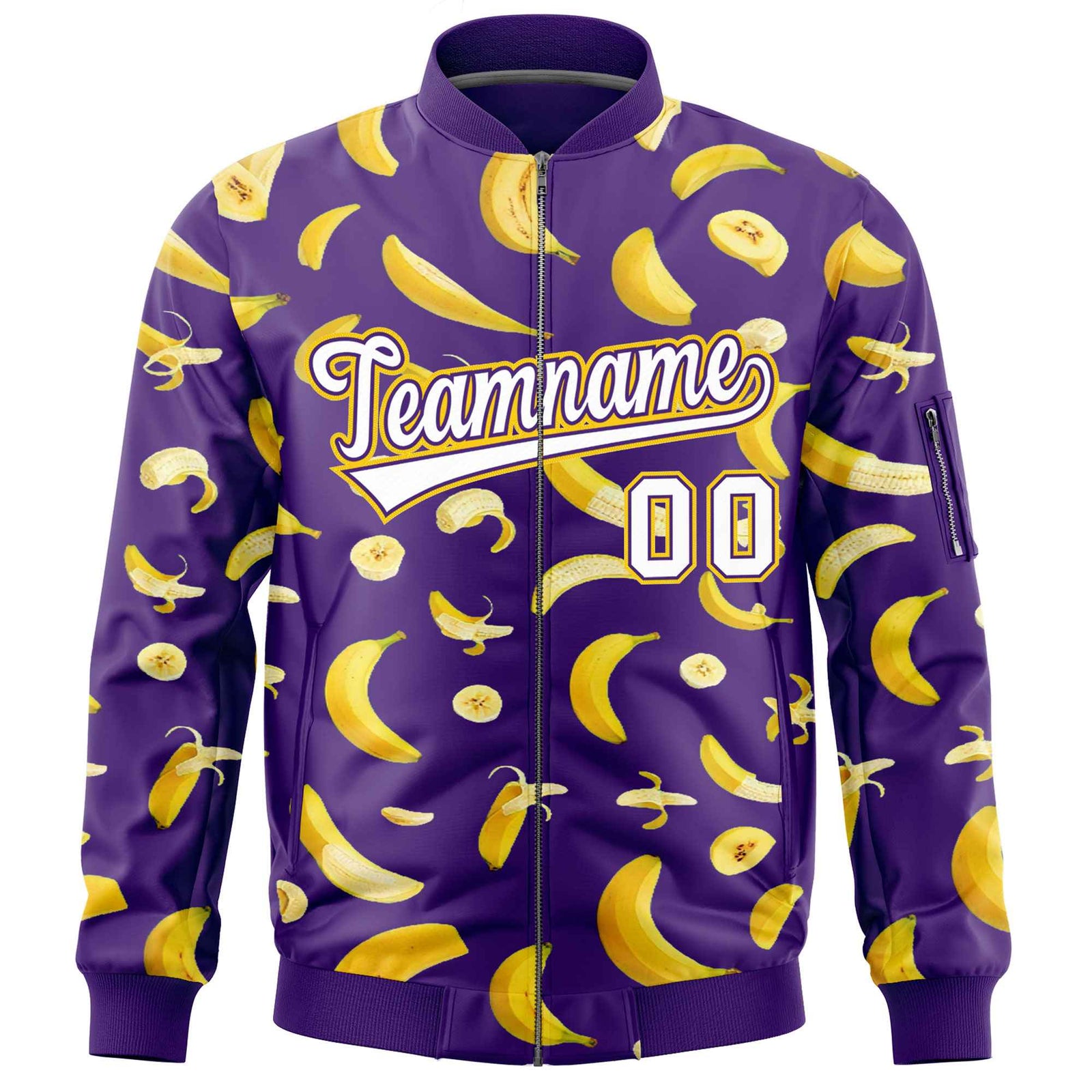 Custom Purple Varsity Full-Zip Banana Pattern Letterman Bomber Jacket | Graffiti Pattern | Embroidery&Dye-sublimation printing | KXKSHOP