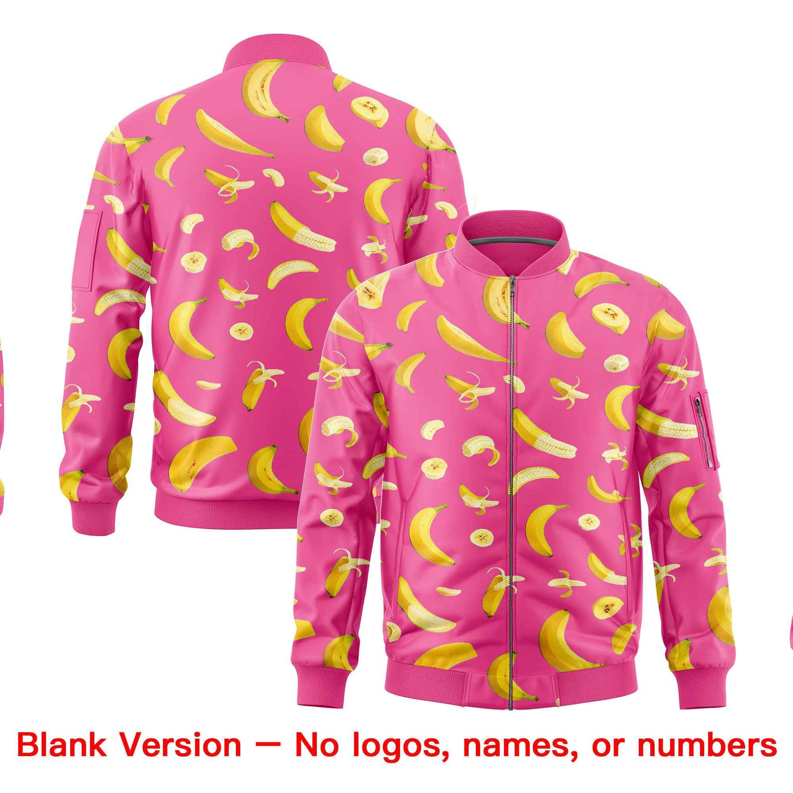 Custom Pink Varsity Full-Zip Banana Pattern Letterman Bomber Jacket | Graffiti Pattern | Embroidery&Dye-sublimation printing | KXKSHOP