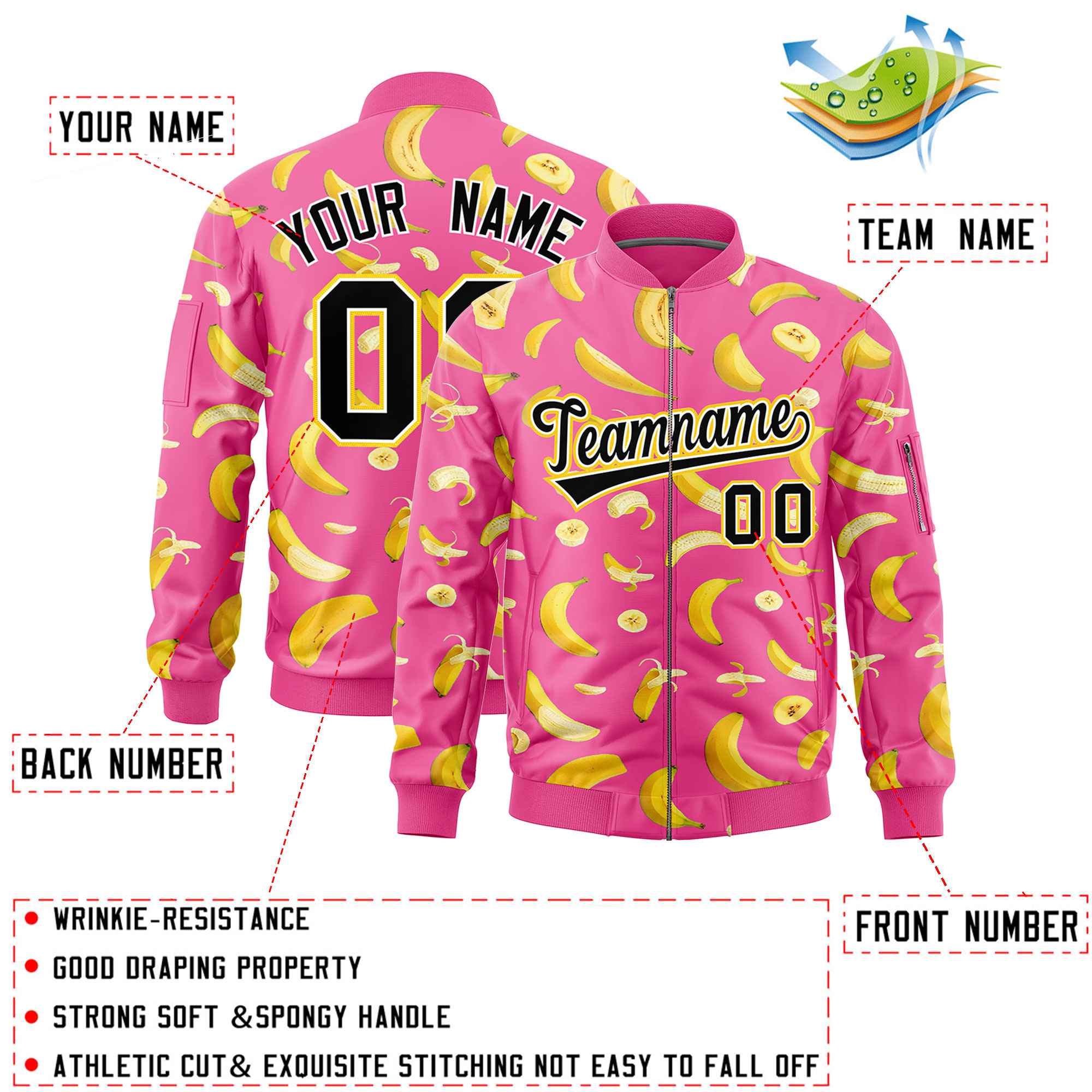 Custom Pink Varsity Full-Zip Banana Pattern Letterman Bomber Jacket | Graffiti Pattern | Embroidery&Dye-sublimation printing | KXKSHOP