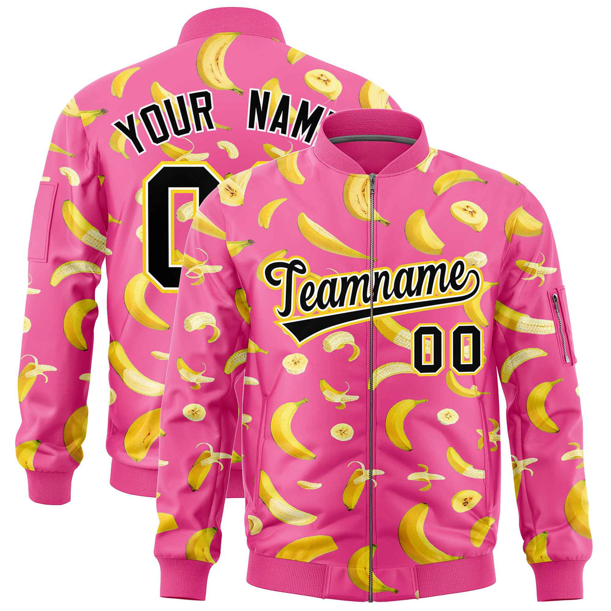 Custom Pink Varsity Full-Zip Banana Pattern Letterman Bomber Jacket | Graffiti Pattern | Embroidery&amp;Dye-sublimation printing | KXKSHOP