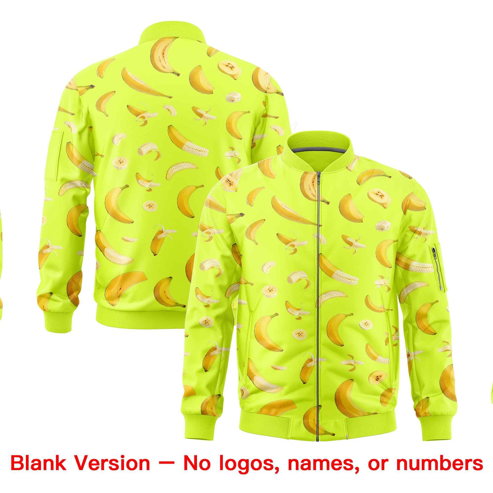 Custom Fluorescent Green Varsity Full-Zip Banana Pattern Letterman Bomber Jacket | Graffiti Pattern | Embroidery&Dye-sublimation printing | KXKSHOP