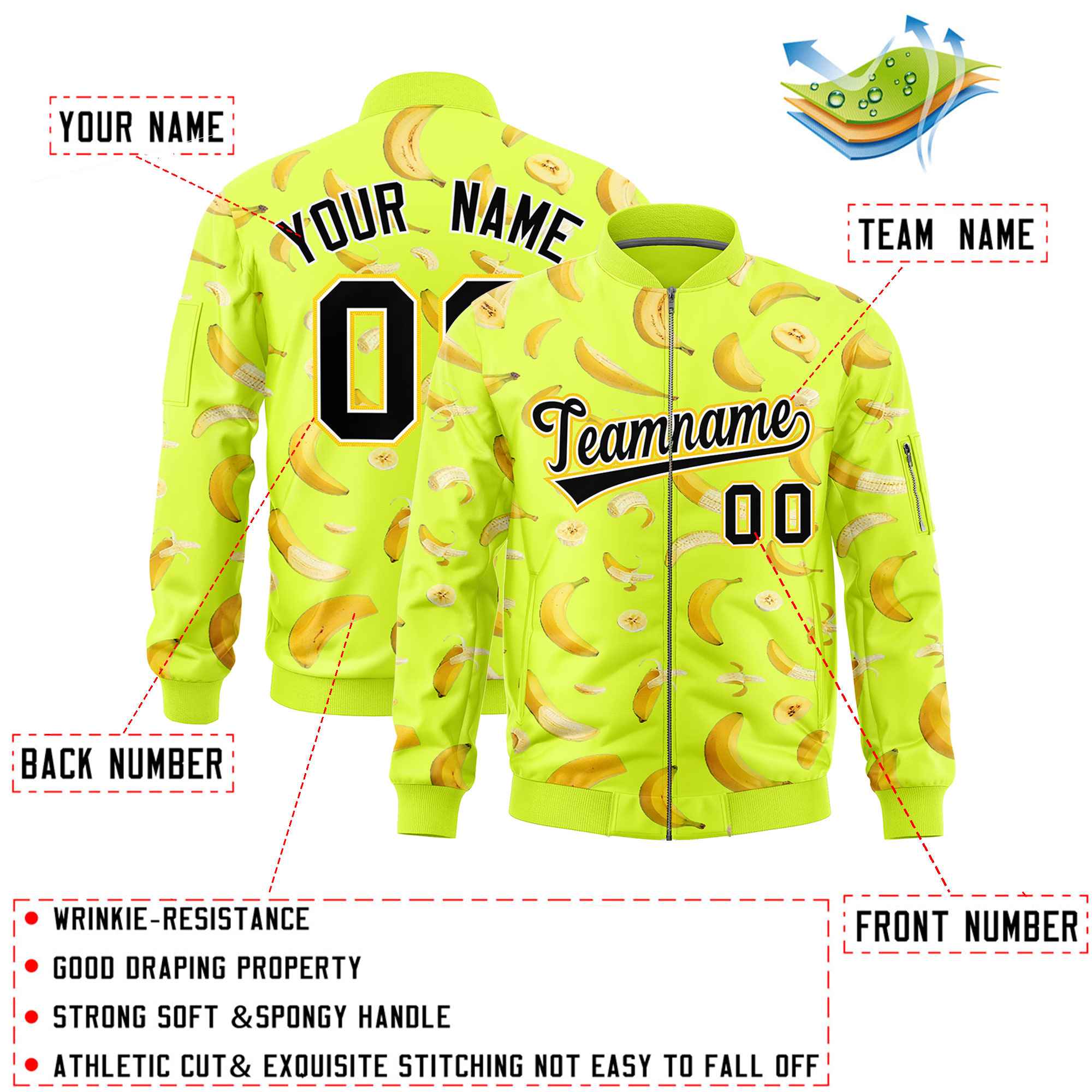 Custom Fluorescent Green Varsity Full-Zip Banana Pattern Letterman Bomber Jacket | Graffiti Pattern | Embroidery&Dye-sublimation printing | KXKSHOP
