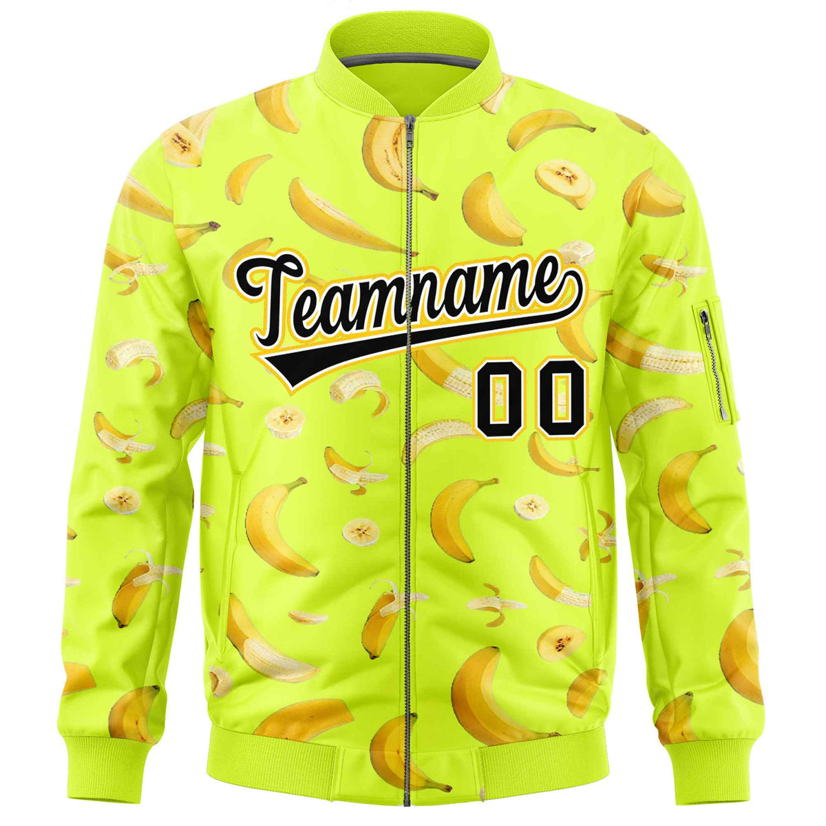 Custom Fluorescent Green Varsity Full-Zip Banana Pattern Letterman Bomber Jacket | Graffiti Pattern | Embroidery&Dye-sublimation printing | KXKSHOP