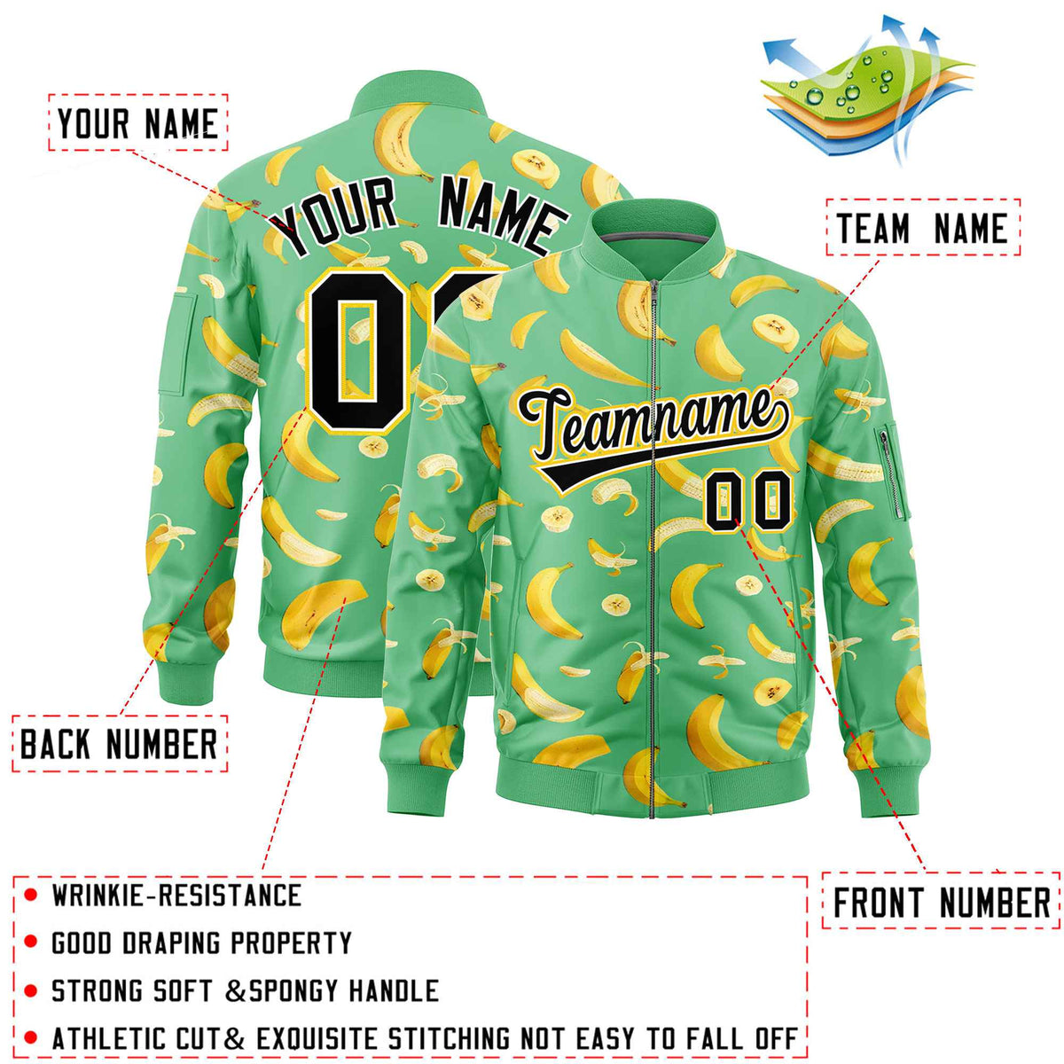 Custom Neon Green Varsity Full-Zip Banana Pattern Letterman Bomber Jacket | Graffiti Pattern | Embroidery&amp;Dye-sublimation printing | KXKSHOP