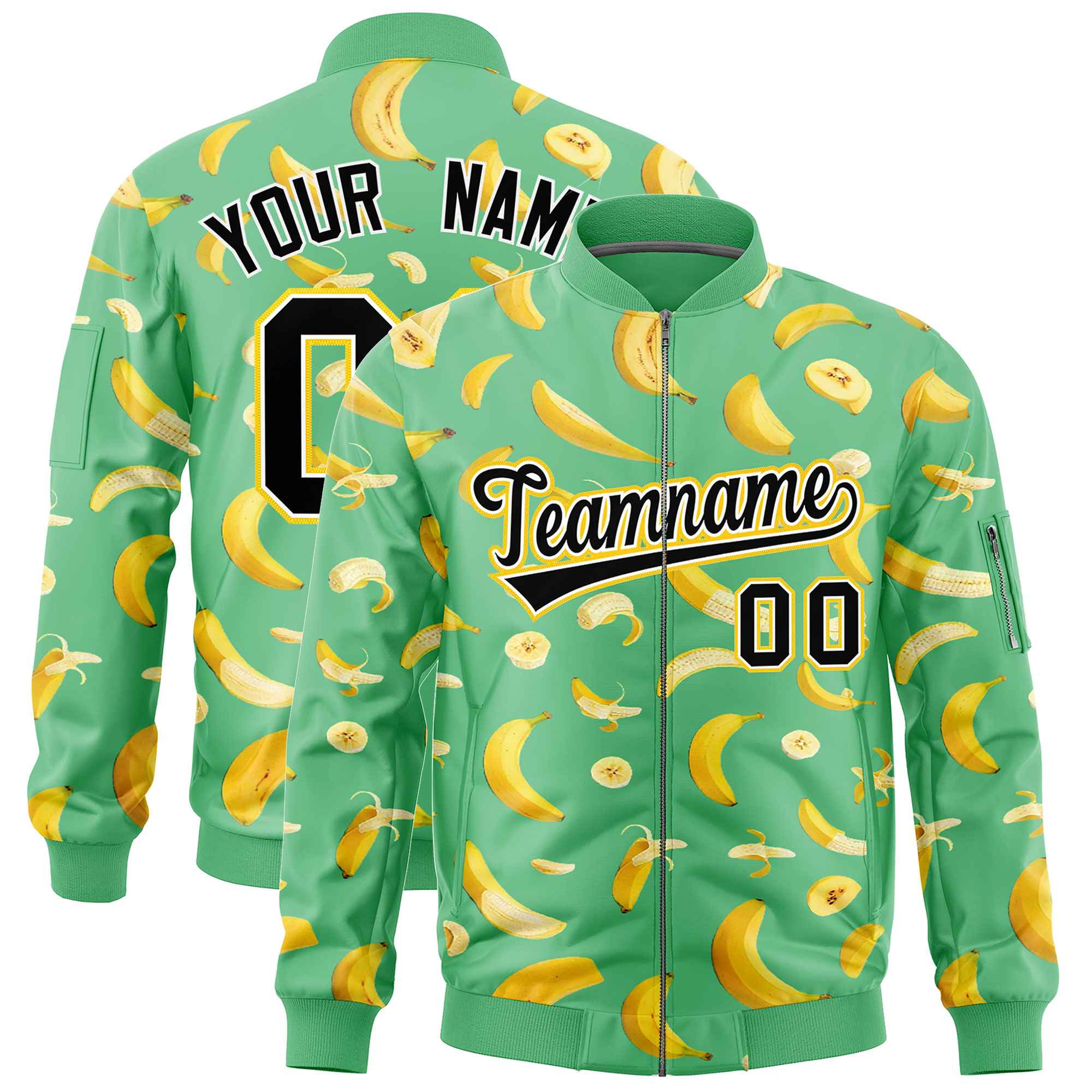Custom Neon Green Varsity Full-Zip Banana Pattern Letterman Bomber Jacket | Graffiti Pattern | Embroidery&Dye-sublimation printing | KXKSHOP
