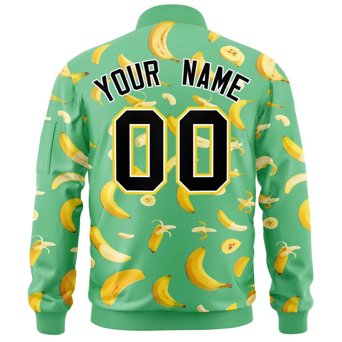 Custom Neon Green Varsity Full-Zip Banana Pattern Letterman Bomber Jacket | Graffiti Pattern | Embroidery&amp;Dye-sublimation printing | KXKSHOP