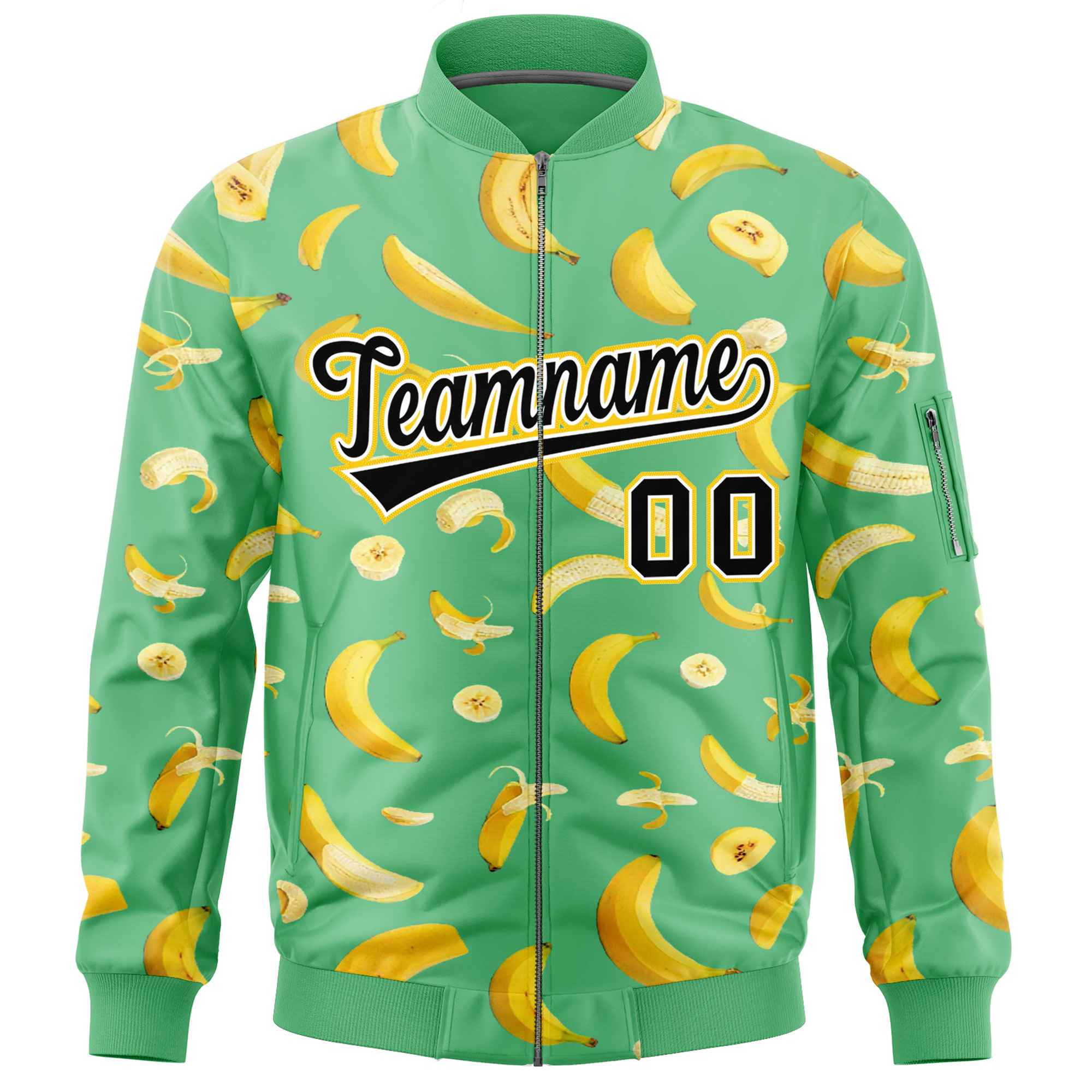 Custom Neon Green Varsity Full-Zip Banana Pattern Letterman Bomber Jacket | Graffiti Pattern | Embroidery&Dye-sublimation printing | KXKSHOP