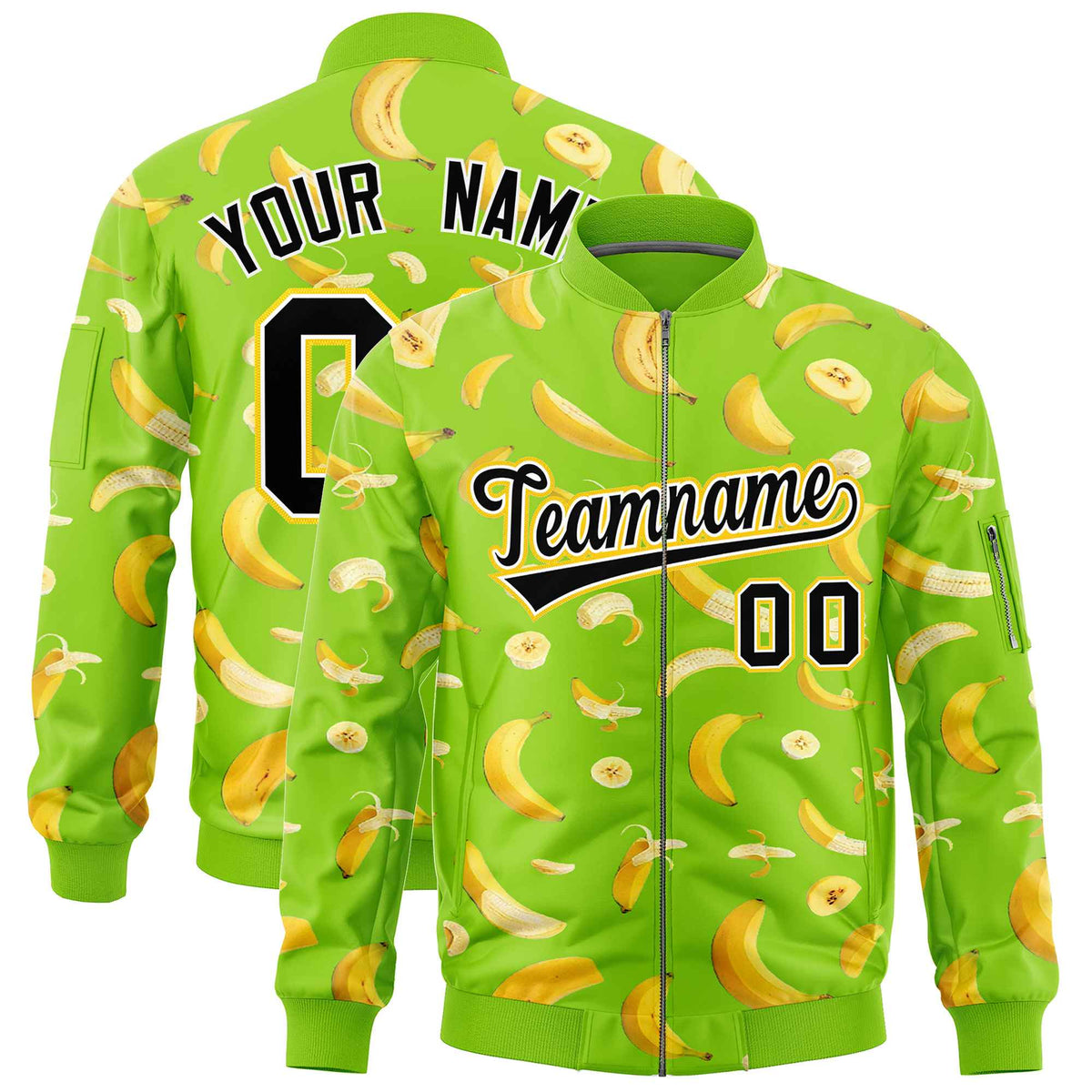 Custom Neon Green Varsity Full-Zip Banana Pattern Letterman Bomber Jacket | Graffiti Pattern | Embroidery&amp;Dye-sublimation printing | KXKSHOP