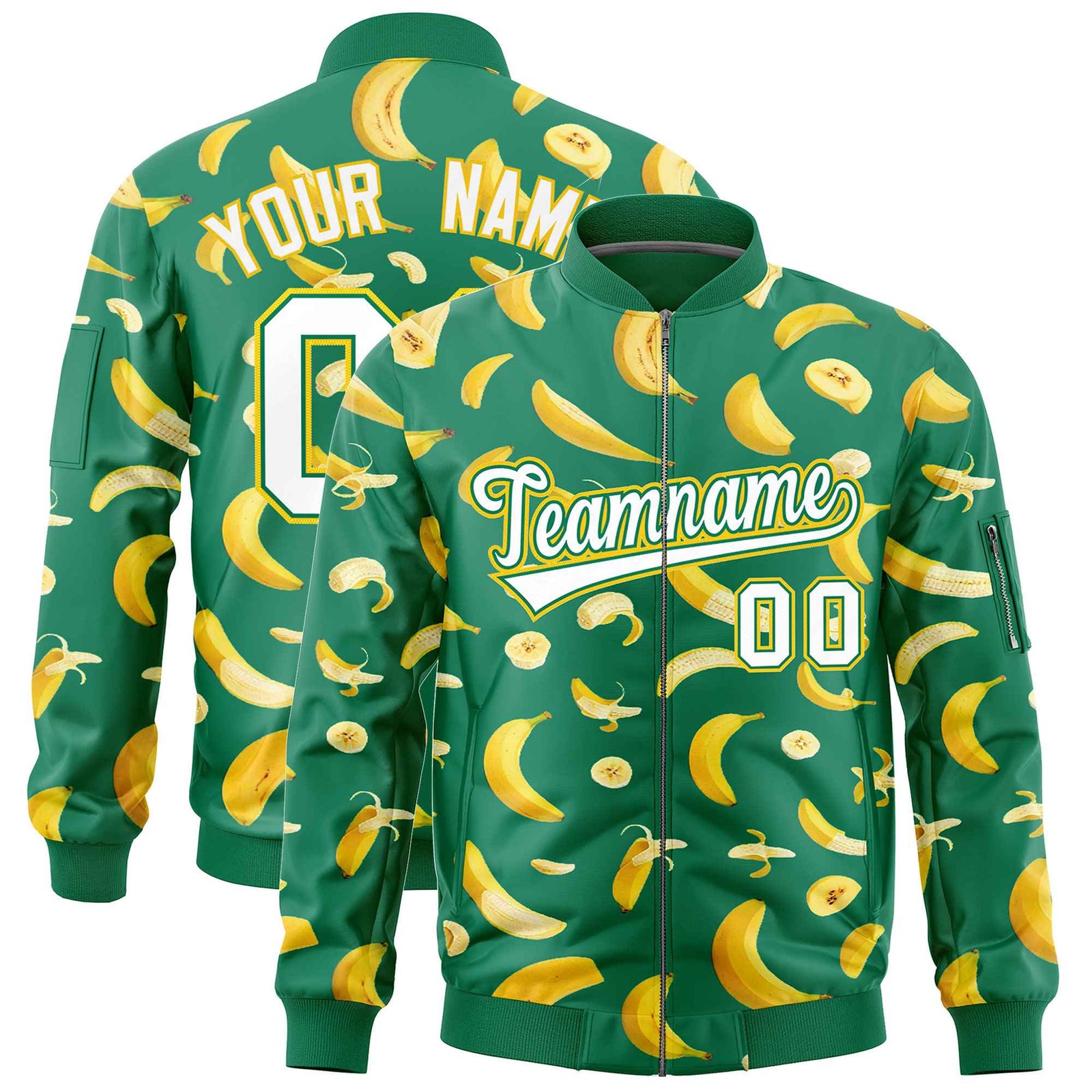 Custom Kelly Green Varsity Full-Zip Banana Pattern Letterman Bomber Jacket | Graffiti Pattern | Embroidery&Dye-sublimation printing | KXKSHOP