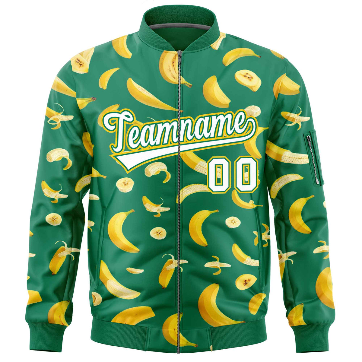 Custom Kelly Green Varsity Full-Zip Banana Pattern Letterman Bomber Jacket | Graffiti Pattern | Embroidery&amp;Dye-sublimation printing | KXKSHOP