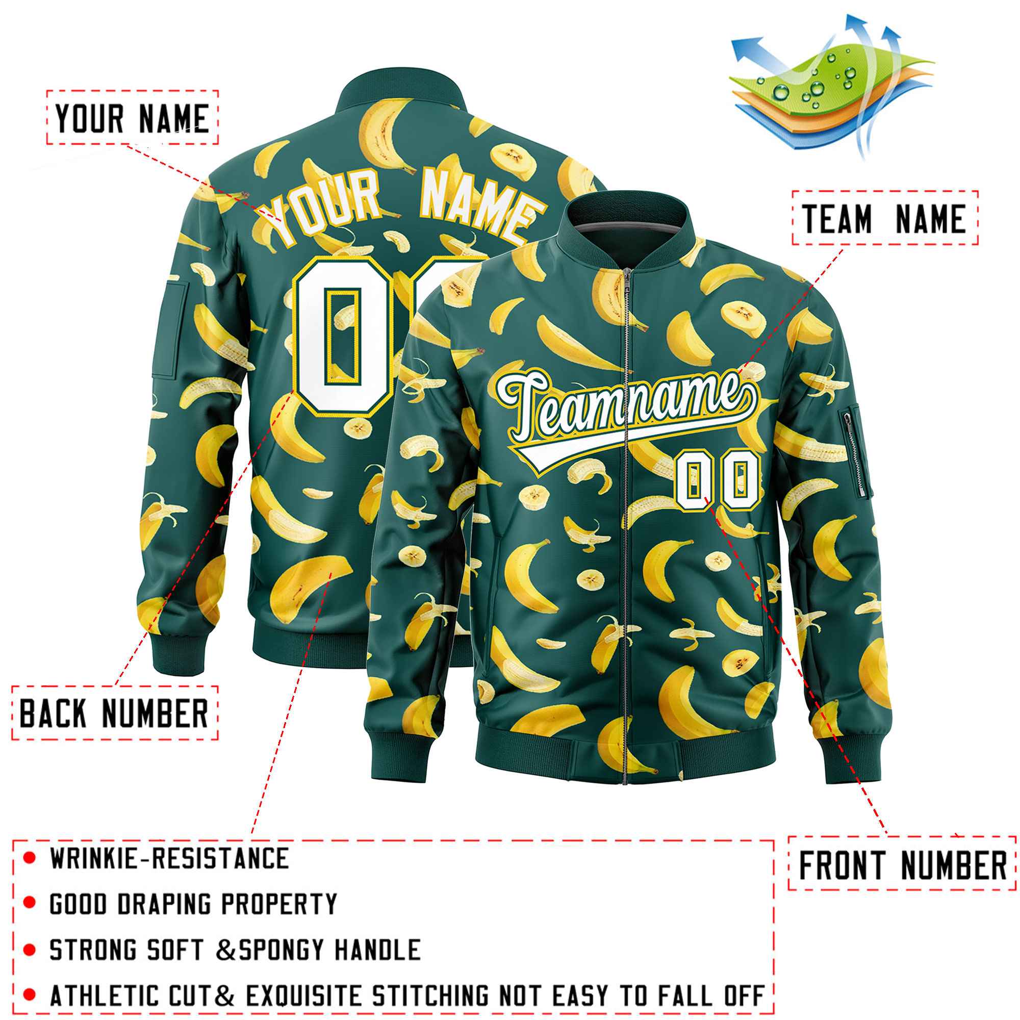 Custom Midnight Green Varsity Full-Zip Banana Pattern Letterman Bomber Jacket | Graffiti Pattern | Embroidery&Dye-sublimation printing | KXKSHOP