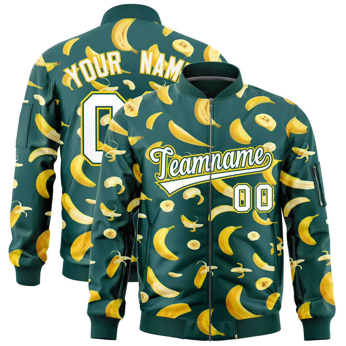 Custom Midnight Green Varsity Full-Zip Banana Pattern Letterman Bomber Jacket | Graffiti Pattern | Embroidery&amp;Dye-sublimation printing | KXKSHOP