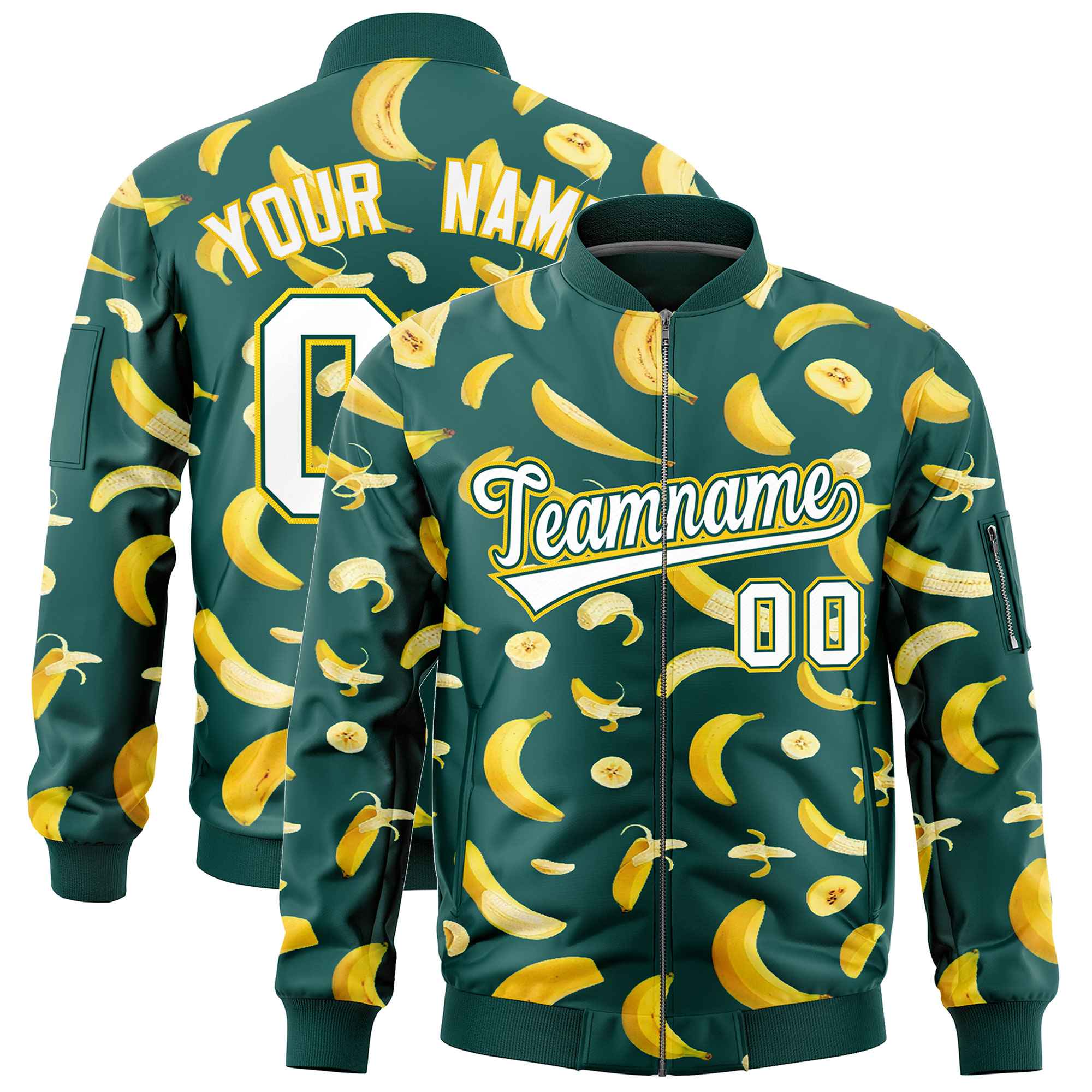 Custom Midnight Green Varsity Full-Zip Banana Pattern Letterman Bomber Jacket | Graffiti Pattern | Embroidery&Dye-sublimation printing | KXKSHOP