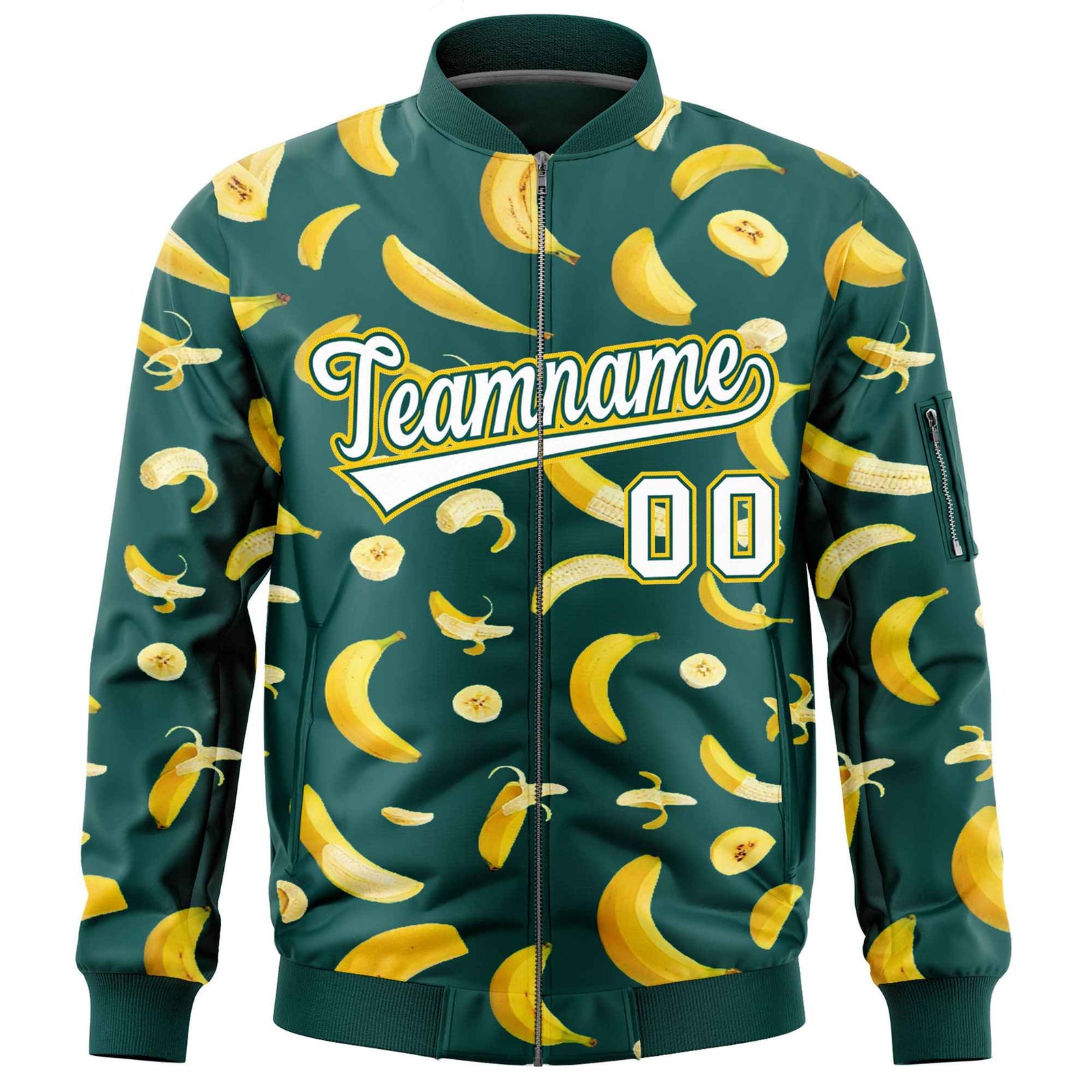 Custom Midnight Green Varsity Full-Zip Banana Pattern Letterman Bomber Jacket | Graffiti Pattern | Embroidery&Dye-sublimation printing | KXKSHOP